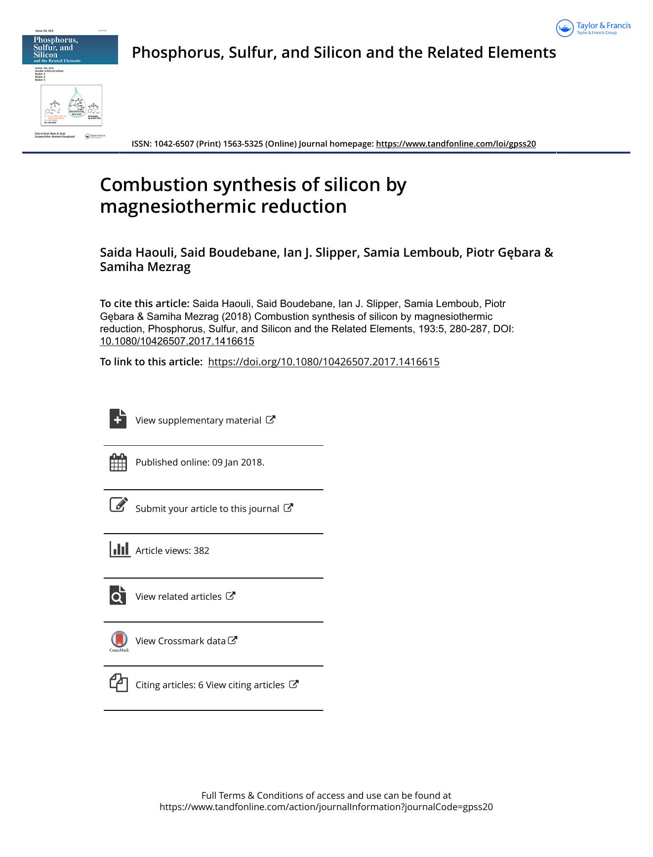 Combustion synthesis of silicon by magnesiothermic reduction by Saida Haouli & Said Boudebane & Ian J. Slipper & Samia Lemboub & Piotr Gebara & Samiha Mezrag