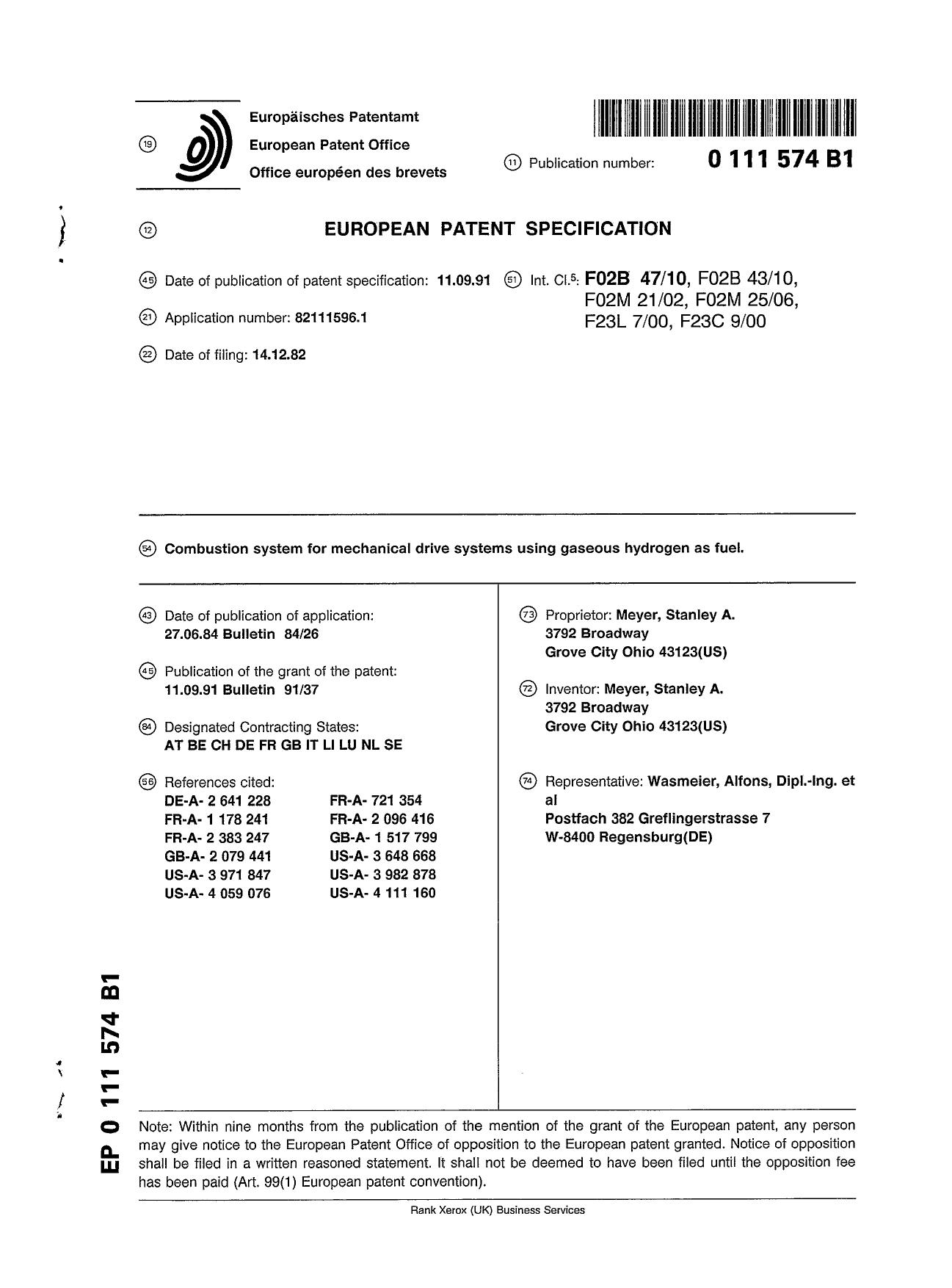 Combustion system for mechanical drive systems using gaseous hydrogen as fuel - European Patent Office - EP 0111574 B1 by Unknown