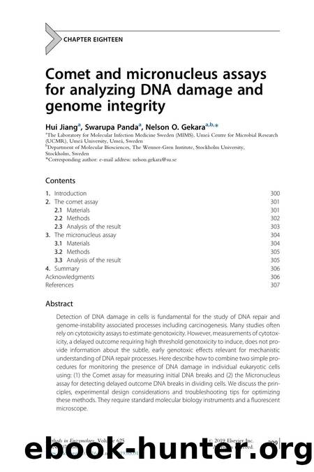 Comet and micronucleus assays for analyzing DNA damage and genome integrity by Hui Jiang & Swarupa Panda & Nelson O. Gekara