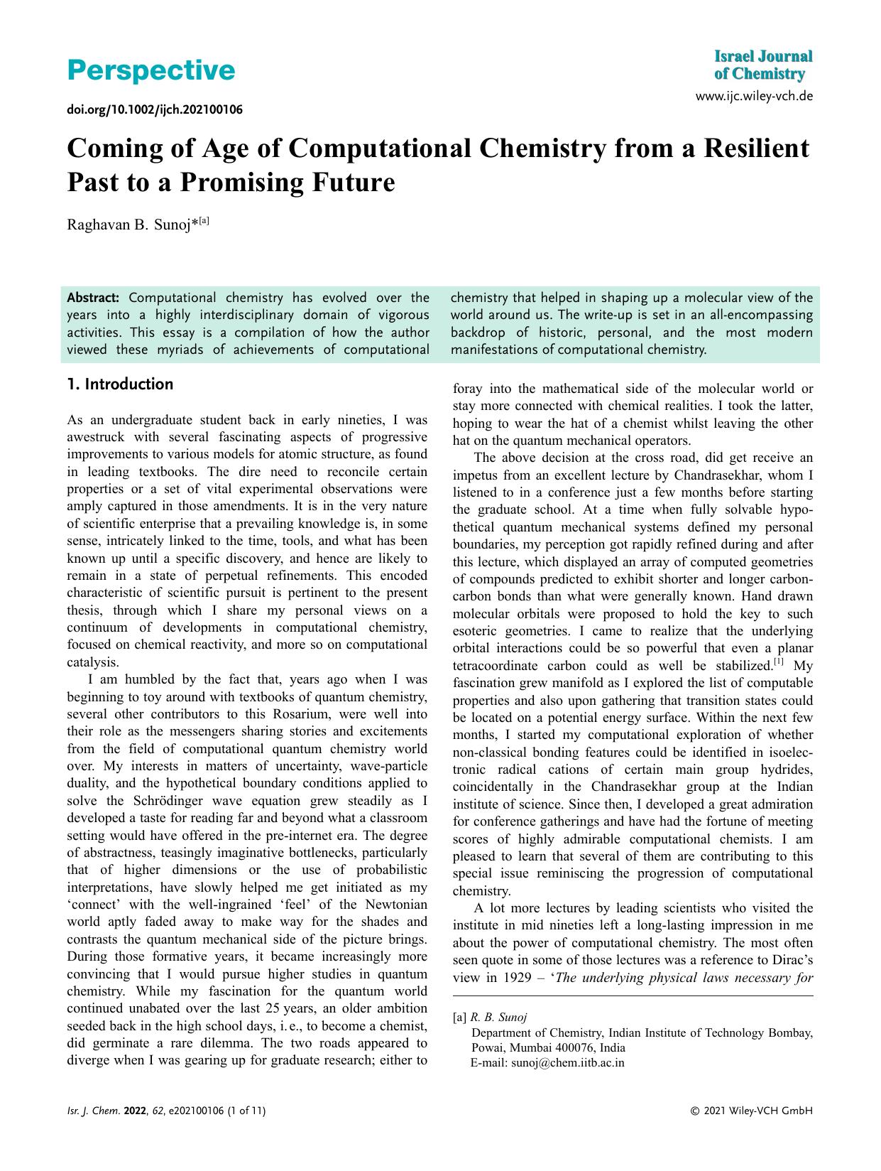 Coming of Age of Computational Chemistry from a Resilient Past to a Promising Future by Unknown