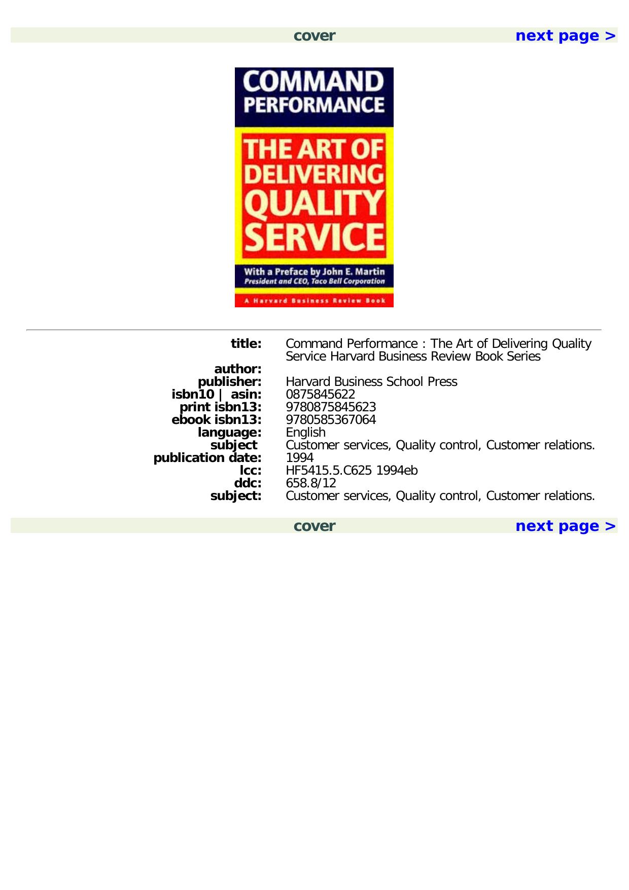 Command Performance: The Art of Delivering Quality Service (Harvard Business Review Book) by John E. Martin