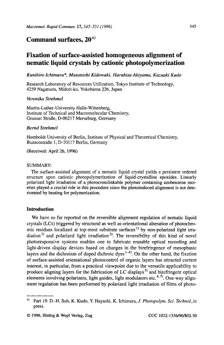 Command surfaces, 20. Fixation of surface-assisted homogeneous alignment of nematic liquid crystals by cationic photopolymerization by Unknown