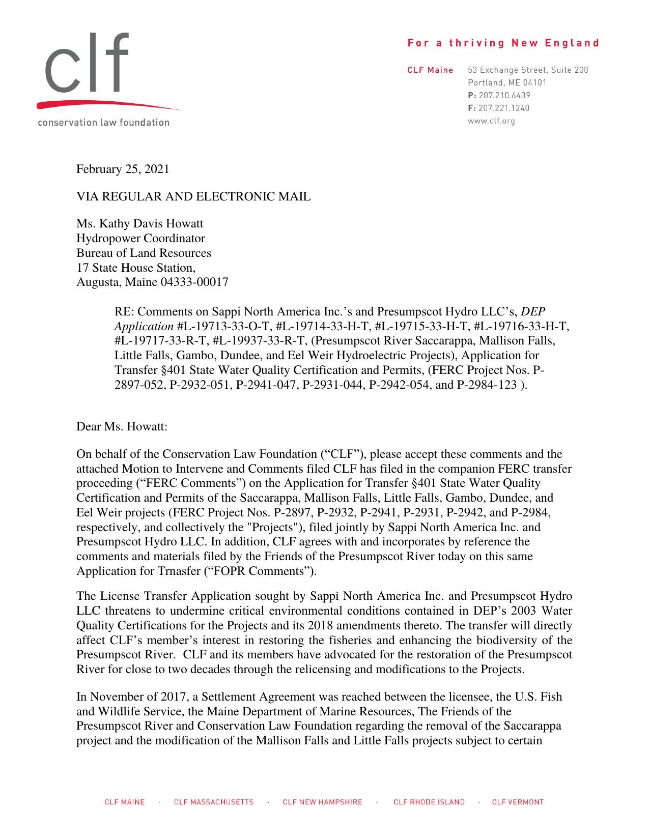 Comment Letter CLF to DEP 2.25.21 by rtinsley