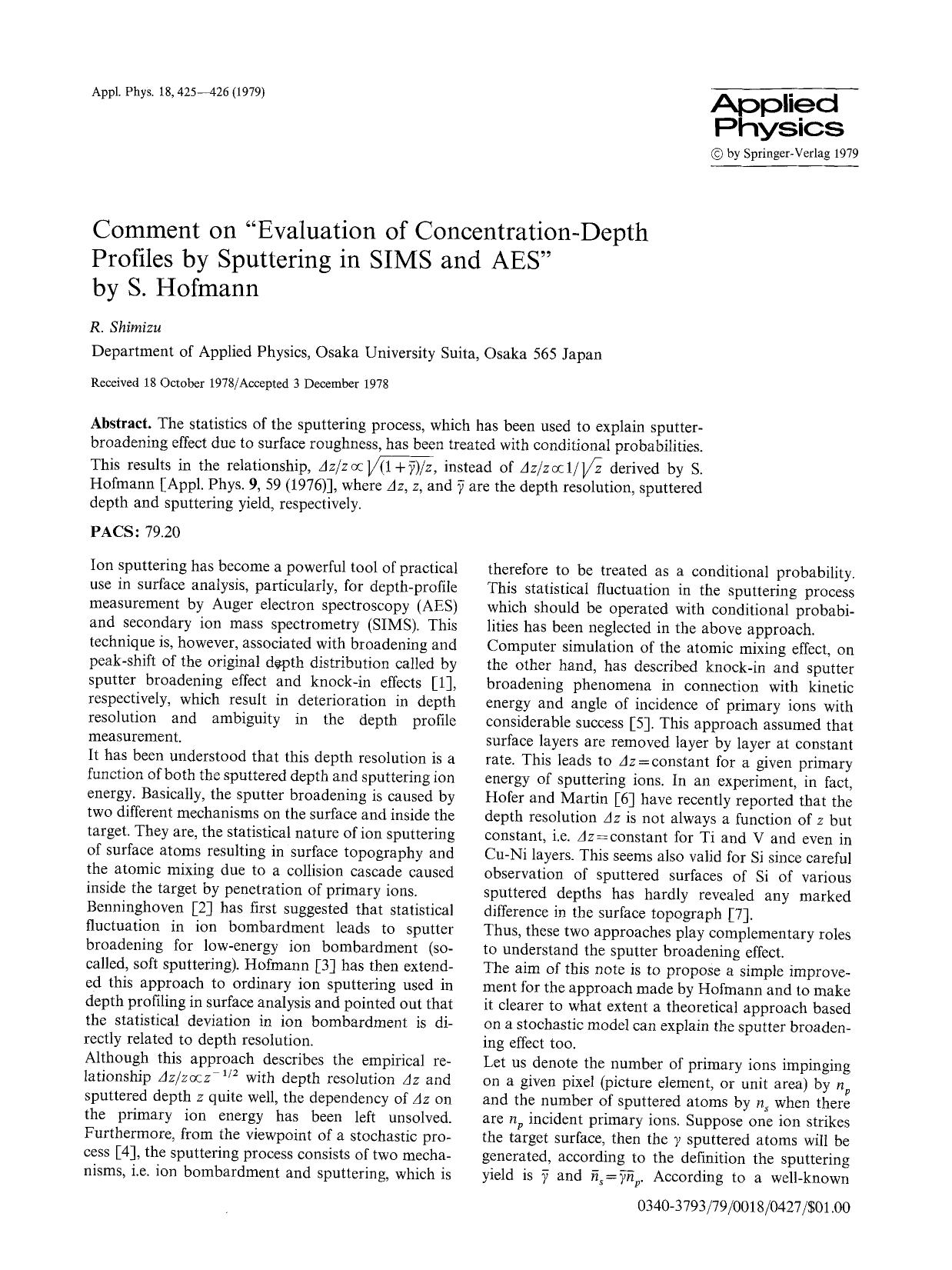 Comment on “Evaluation of concentration-depth profiles by sputtering in SIMS and AES” by S. Hofmann by Unknown
