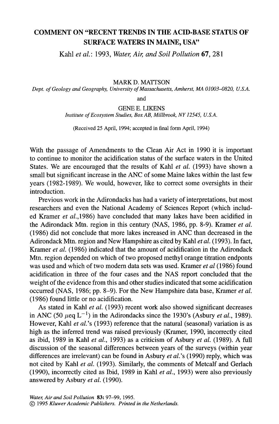 Comment on “recent trends in the acid-base status of surface waters in maine, USA” by Unknown