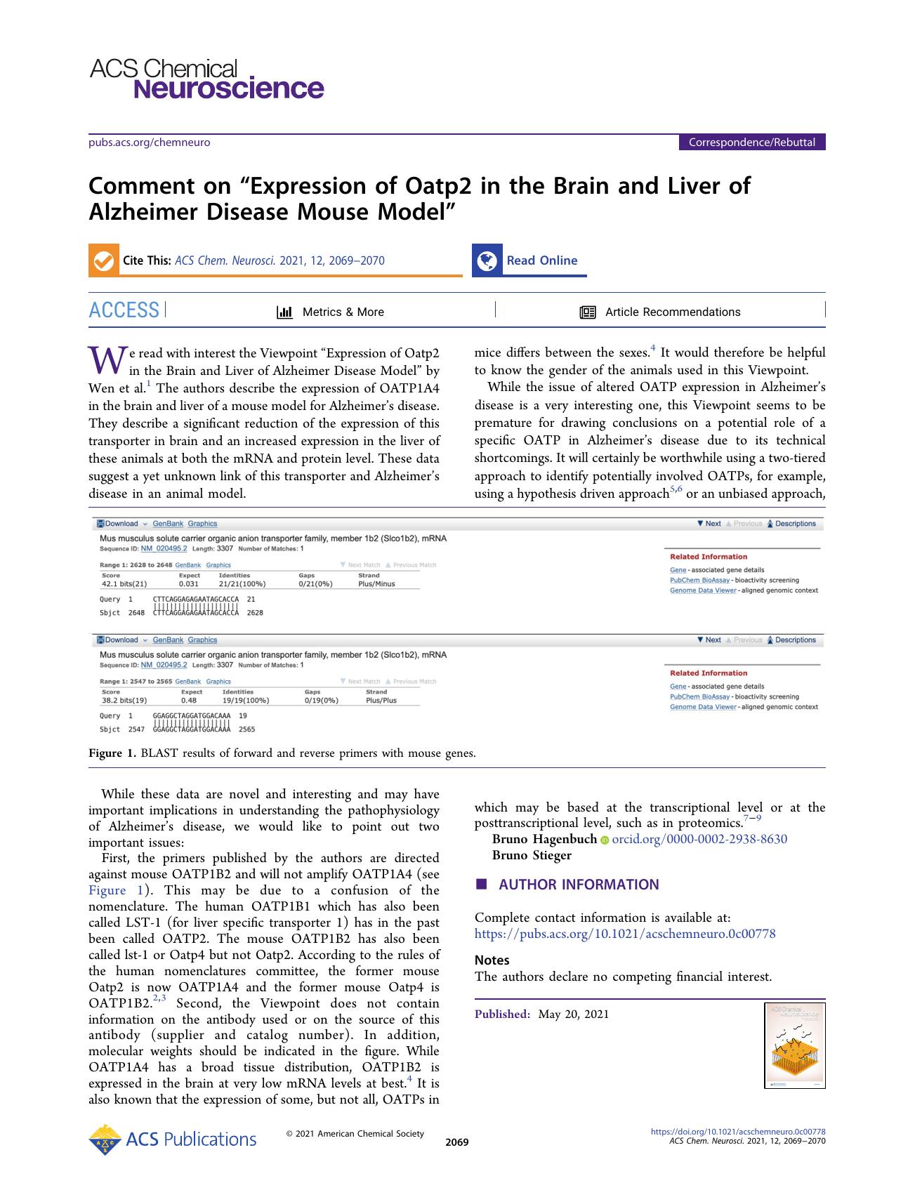 Comment on âExpression of Oatp2 in the Brain and Liver of Alzheimer Disease Mouse Modelâ by Bruno Hagenbuch and Bruno Stieger