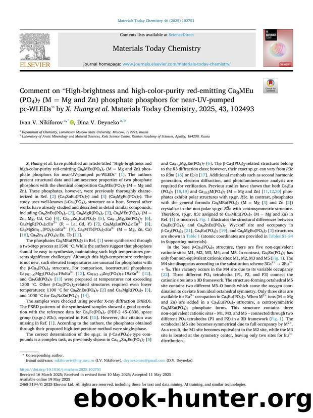 Comment on âHigh-brightness and high-color-purity red-emitting Ca8MEu(PO4)7 (M = Mg and Zn) phosphate phosphors for near-UV-pumped pc-WLEDsâ by X. Huang et al. Materials Today  by Ivan V. Nikiforov & Dina V. Deyneko