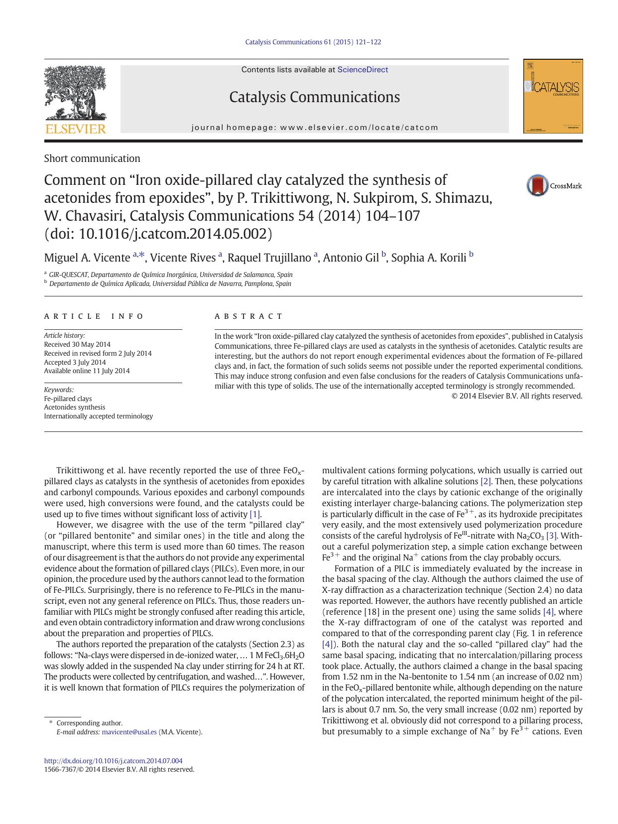 Comment on âIron oxide-pillared clay catalyzed the synthesis of acetonides from epoxidesâ, by P. Trikittiwong, N. Sukpirom, S. Shimazu, W. Chavasiri, Catalysis Communications 5 by Miguel A. Vicente & Vicente Rives & Raquel Trujillano & Antonio Gil & Sophia A. Korili