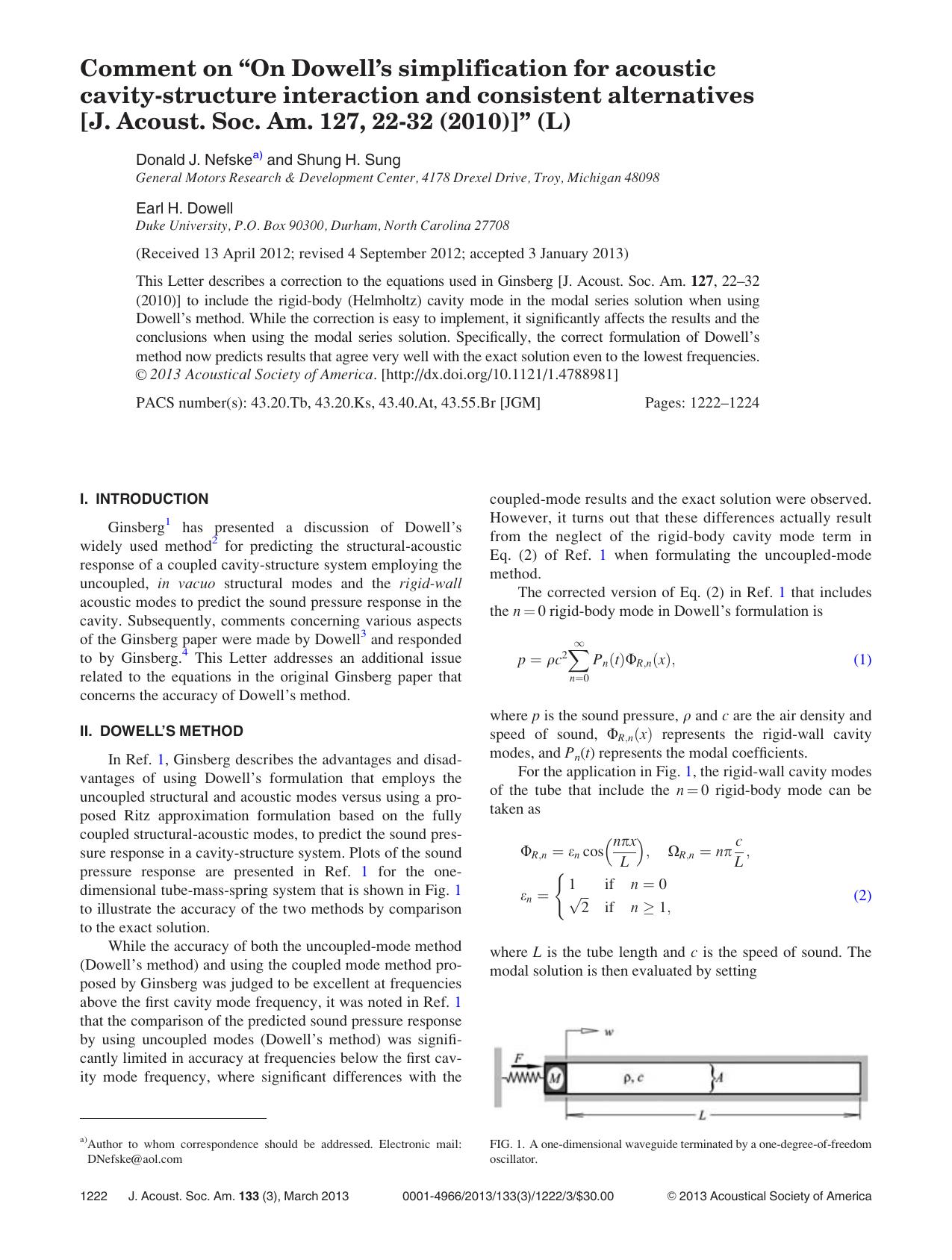 Comment on “On Dowell’s simplification for acoustic cavity-structure interaction and consistent alternatives [J. Acoust. Soc. Am. 127, 22-32 (2010)]” (L) by Donald J. Nefskea) Shung H. Sung and Earl H. Dowell