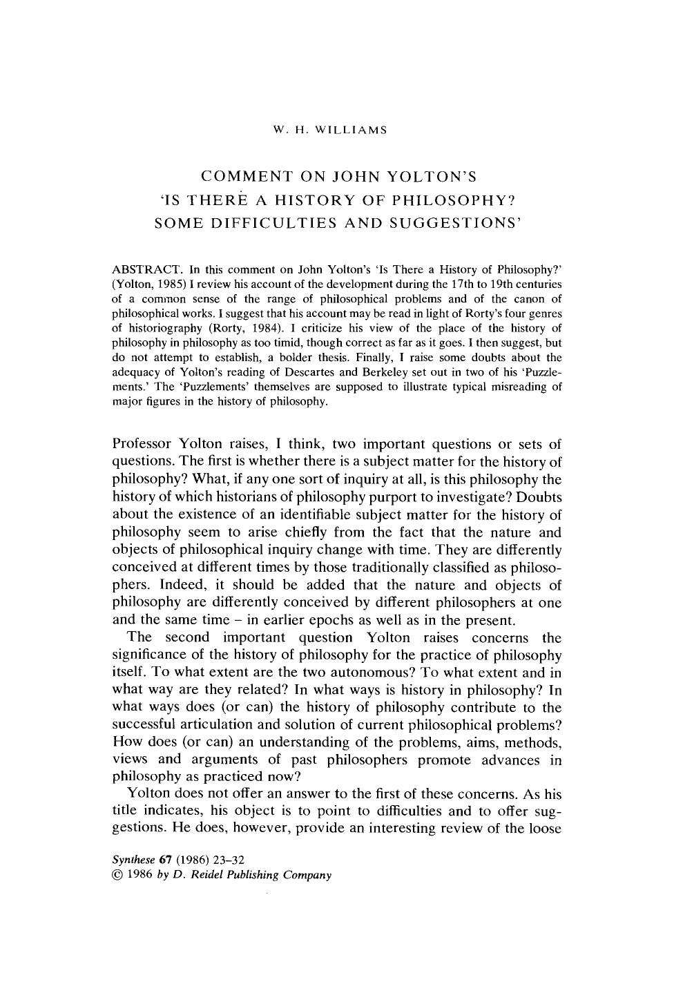 Comment on John Yolton's ‘Is There a History of Philosophy? Some difficulties and suggestions’ by Unknown