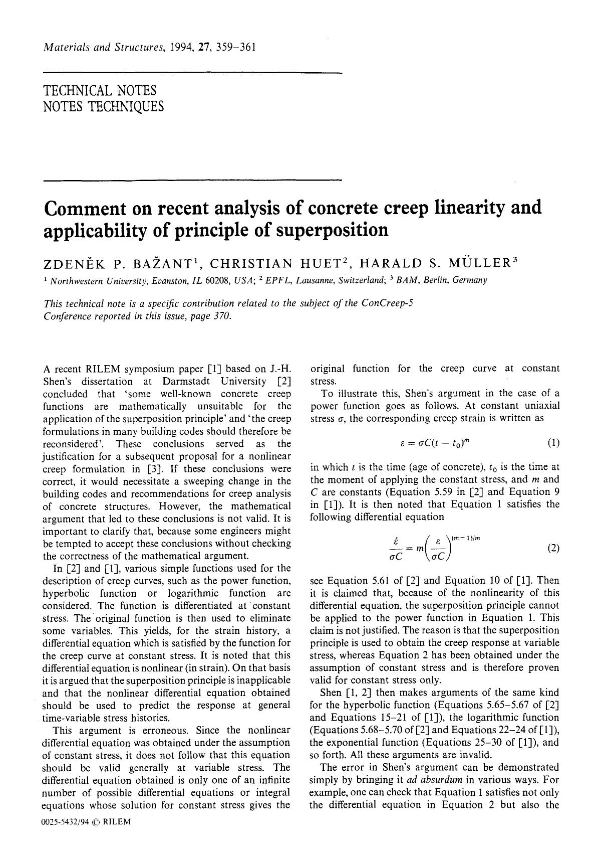 Comment on recent analysis of concrete creep linearity and applicability of principle of superposition by Unknown