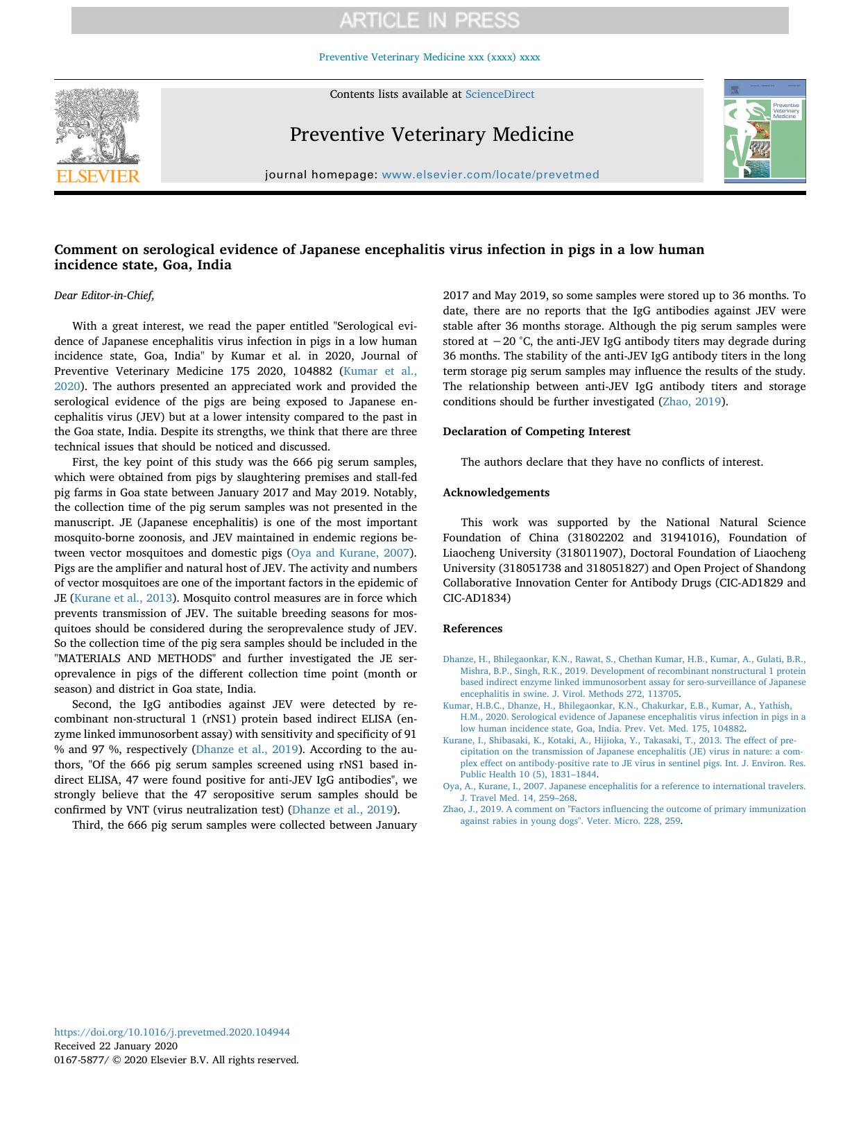Comment on serological evidence of Japanese encephalitis virus infection in pigs in a low human incidence state, Goa, India by unknow