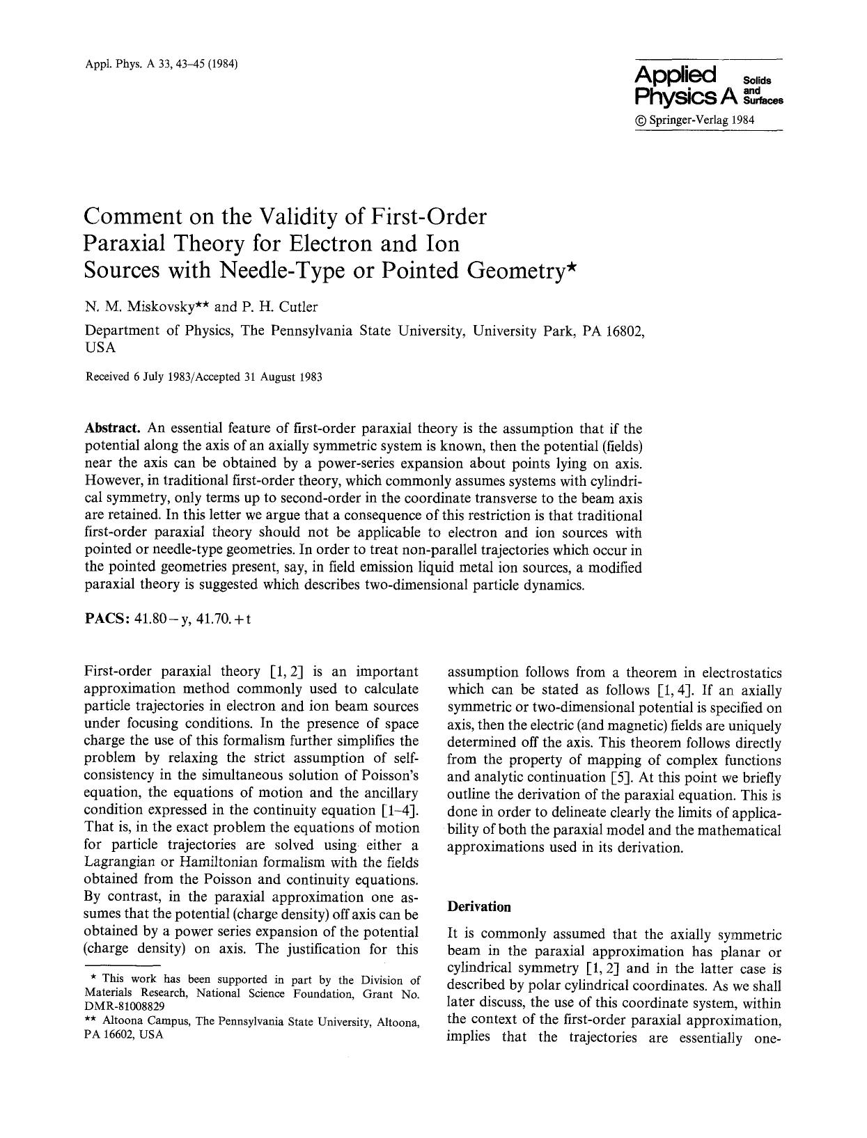 Comment on the validity of first-order paraxial theory for electron and ion sources with needle-type or pointed geometry by Unknown