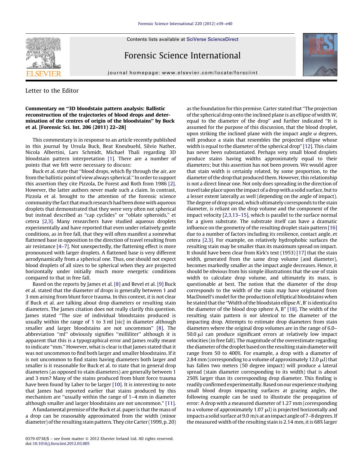 Commentary on â3D bloodstain pattern analysis: Ballistic reconstruction of the trajectories of blood drops and determination of the centres of origin of the bloodstainsâ by Buc by Peter A. Pizzola
