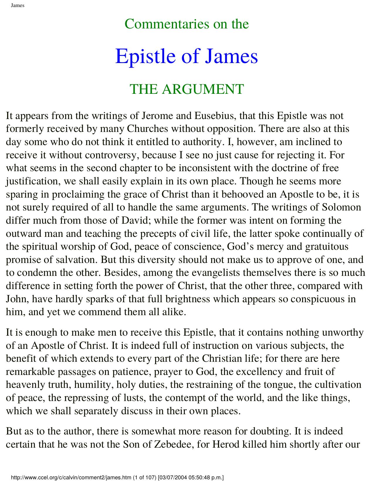 Commentary on James - John Calvin by John Calvin