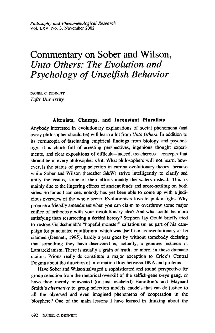 Commentary on Sober and Wilson, Unto Others: The Evolution and Psychology of Unselfish Behavior by Commentary on Sober & Wilson Unto Others (2002)