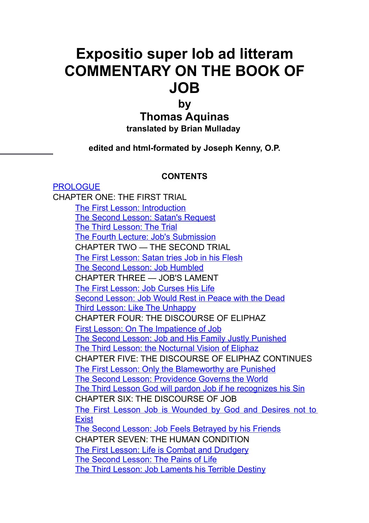 Commentary on the Book of Job (Expositio Super Iob ad Litteram) by Thomas Aquinas (translated by Brian Mulladay; edited by Joseph Kenny O.P.)