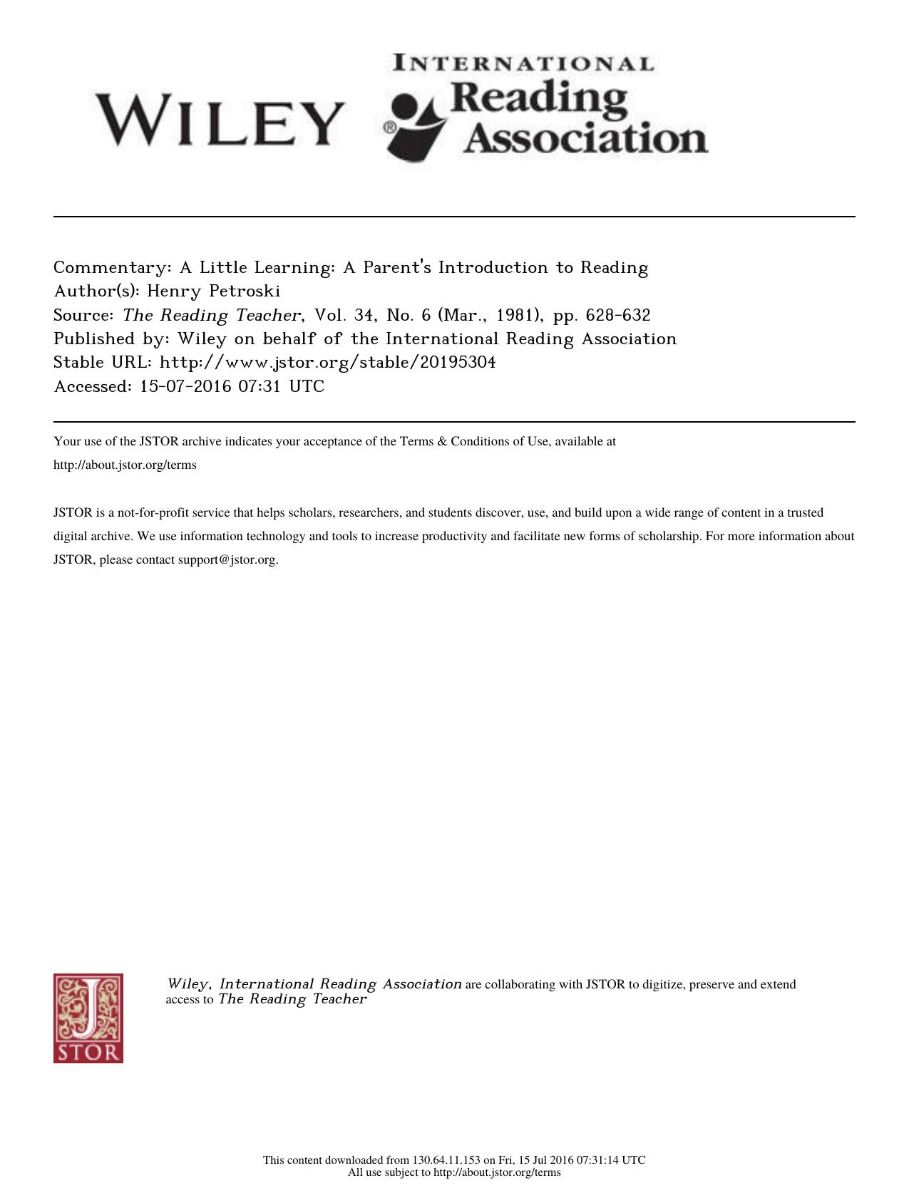 Commentary: A Little Learning: A Parent's Introduction to Reading by A Little Learning A Parent's Introduction to Reading (1981)