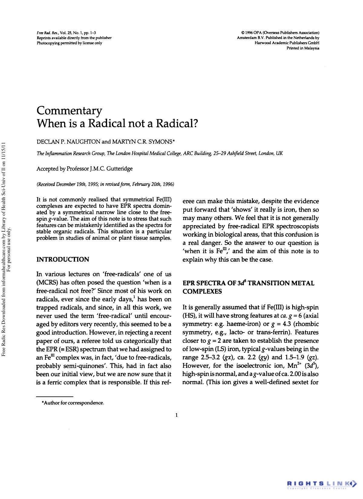 Commentary: When is a Radical not a Radical? by Declan P. Naughton1 & Martyn C.R. Symons1
