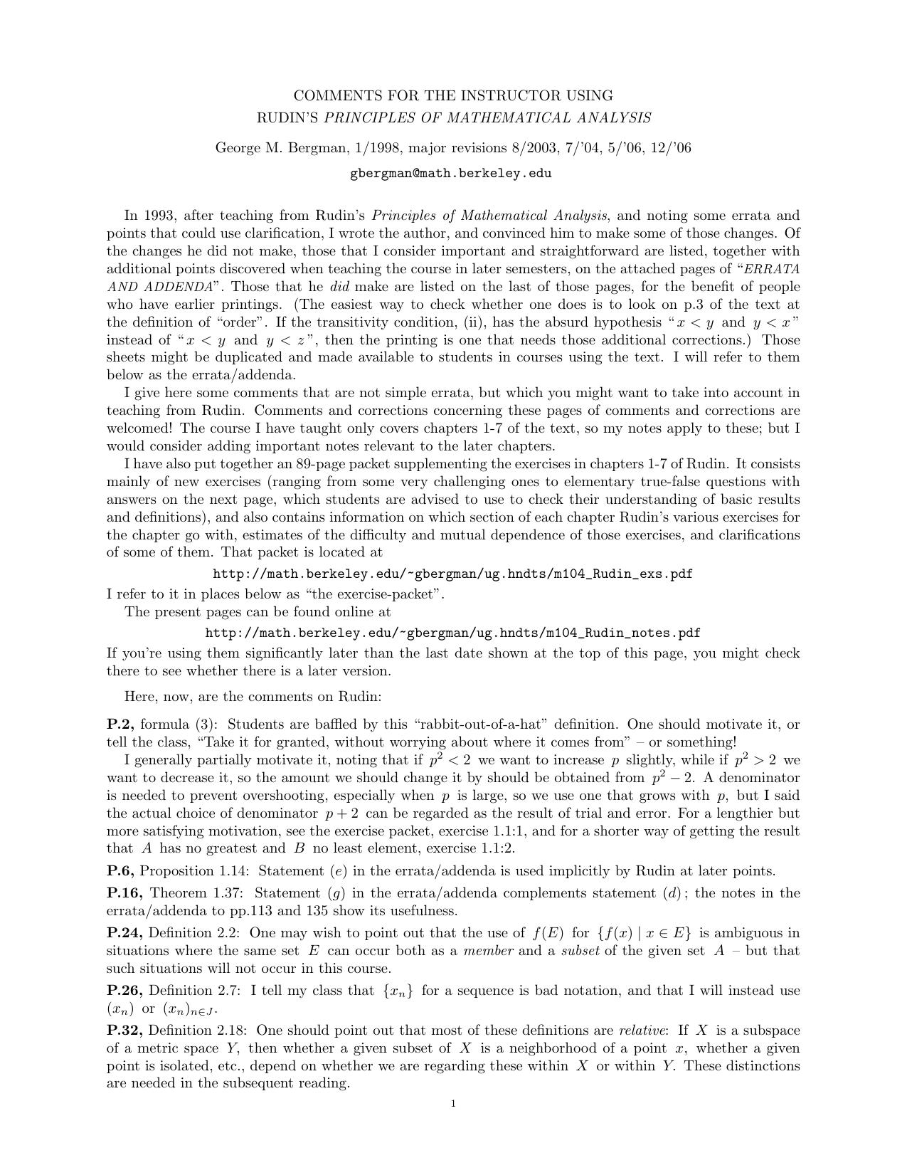 Comments for the Instructor Using Rudin's Principles of Mathematical Analysis by George M. Bergman