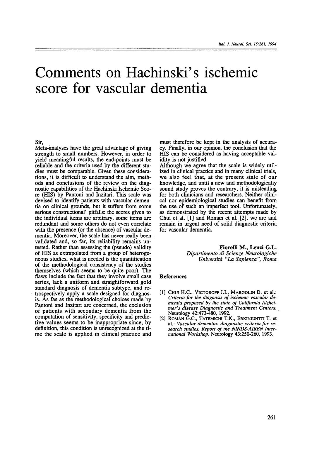 Comments on Hachinski's ischemic score for vascular dementia by Unknown