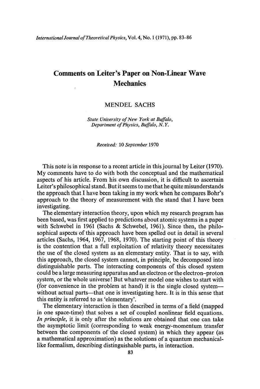 Comments on Leiter's paper on non-linear wave mechanics by Unknown