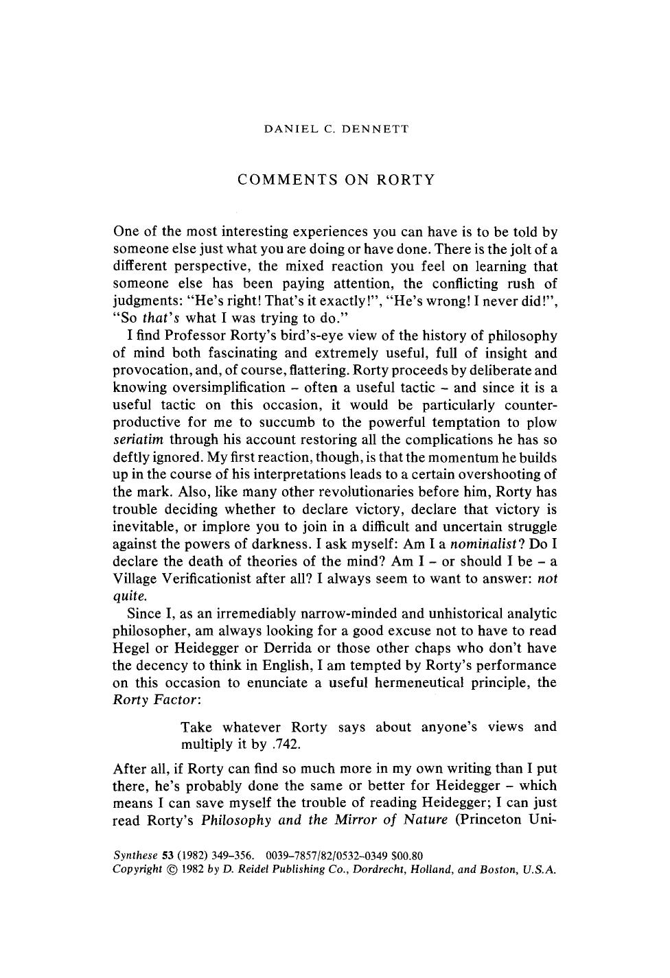 Comments on Rorty by Comments on Rorty (1982)