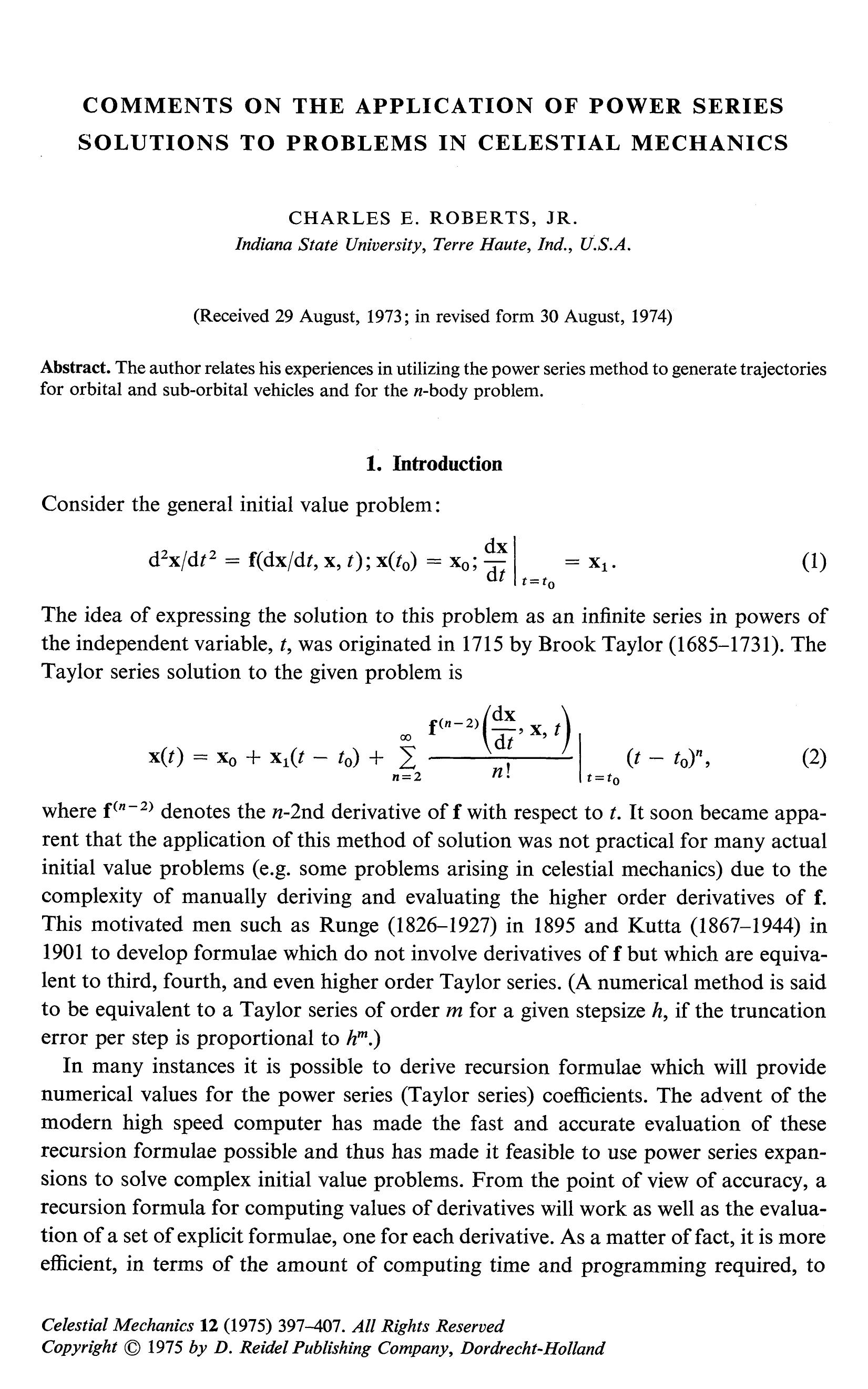 Comments on the application of power series solutions to problems in celestial mechanics by Unknown