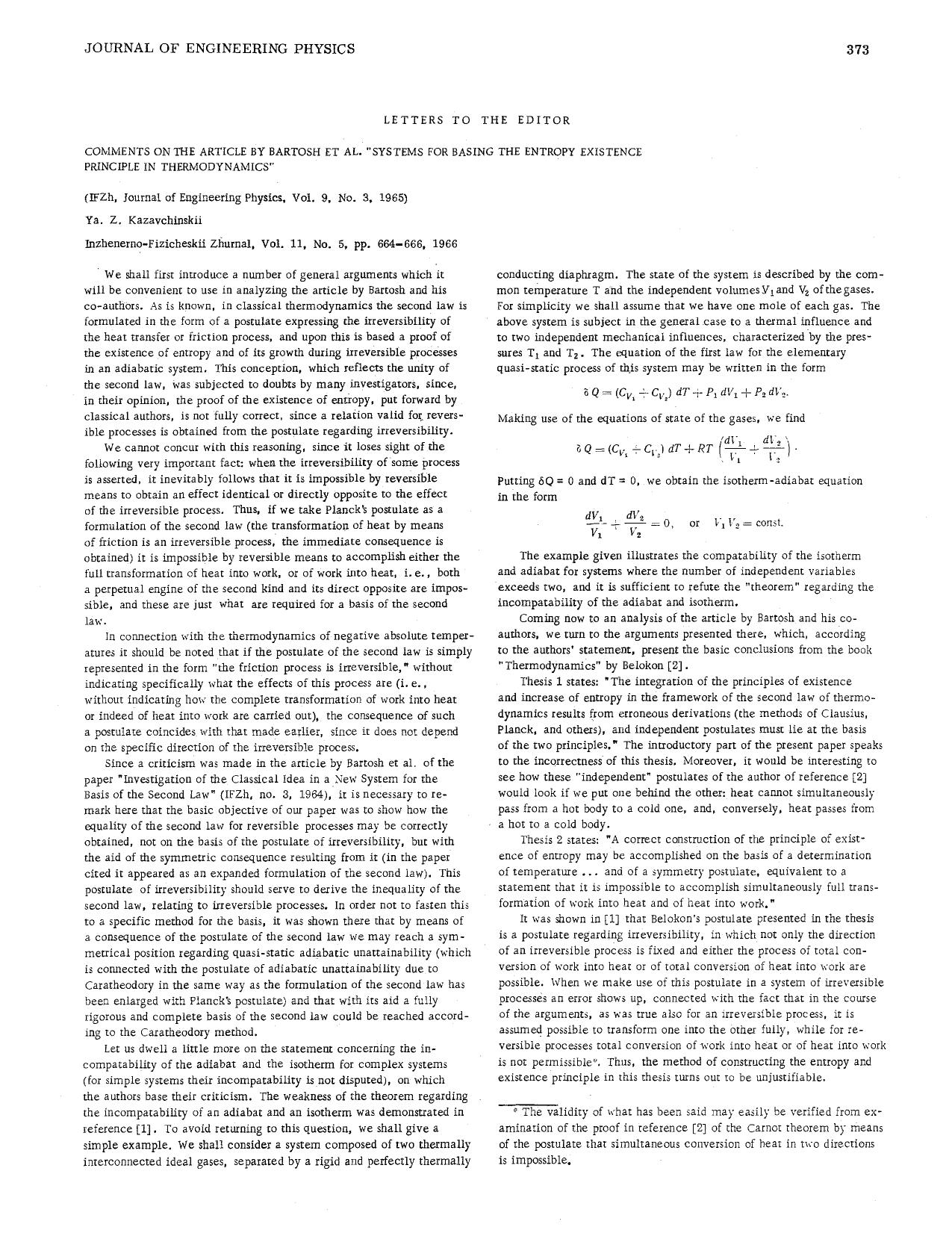 Comments on the article by Bartosh et al. &#x201C;systems for basing the entropy existence principle in thermodynamics&#x201D; by Unknown