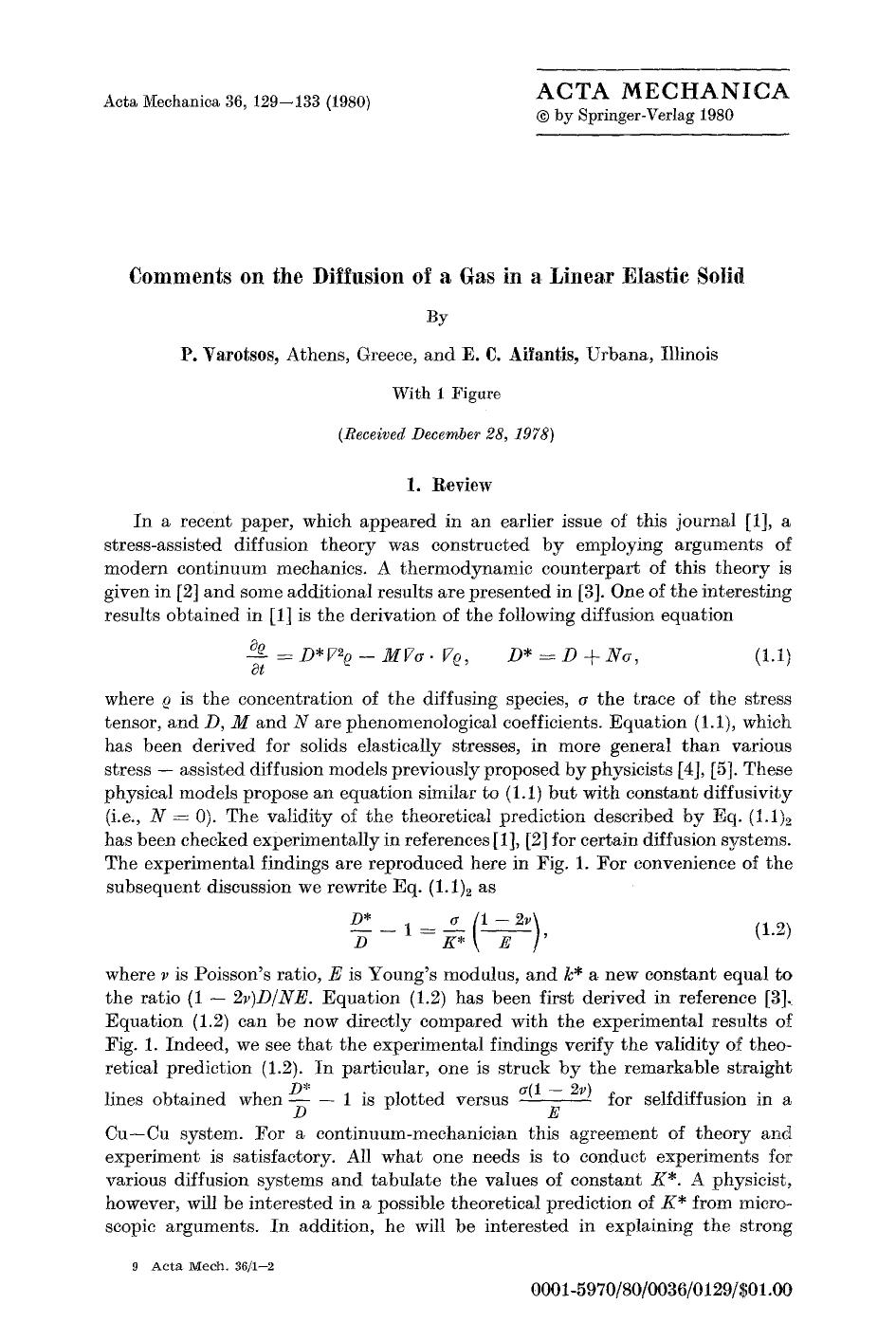 Comments on the diffusion of a gas in a linear elastic solid by Unknown