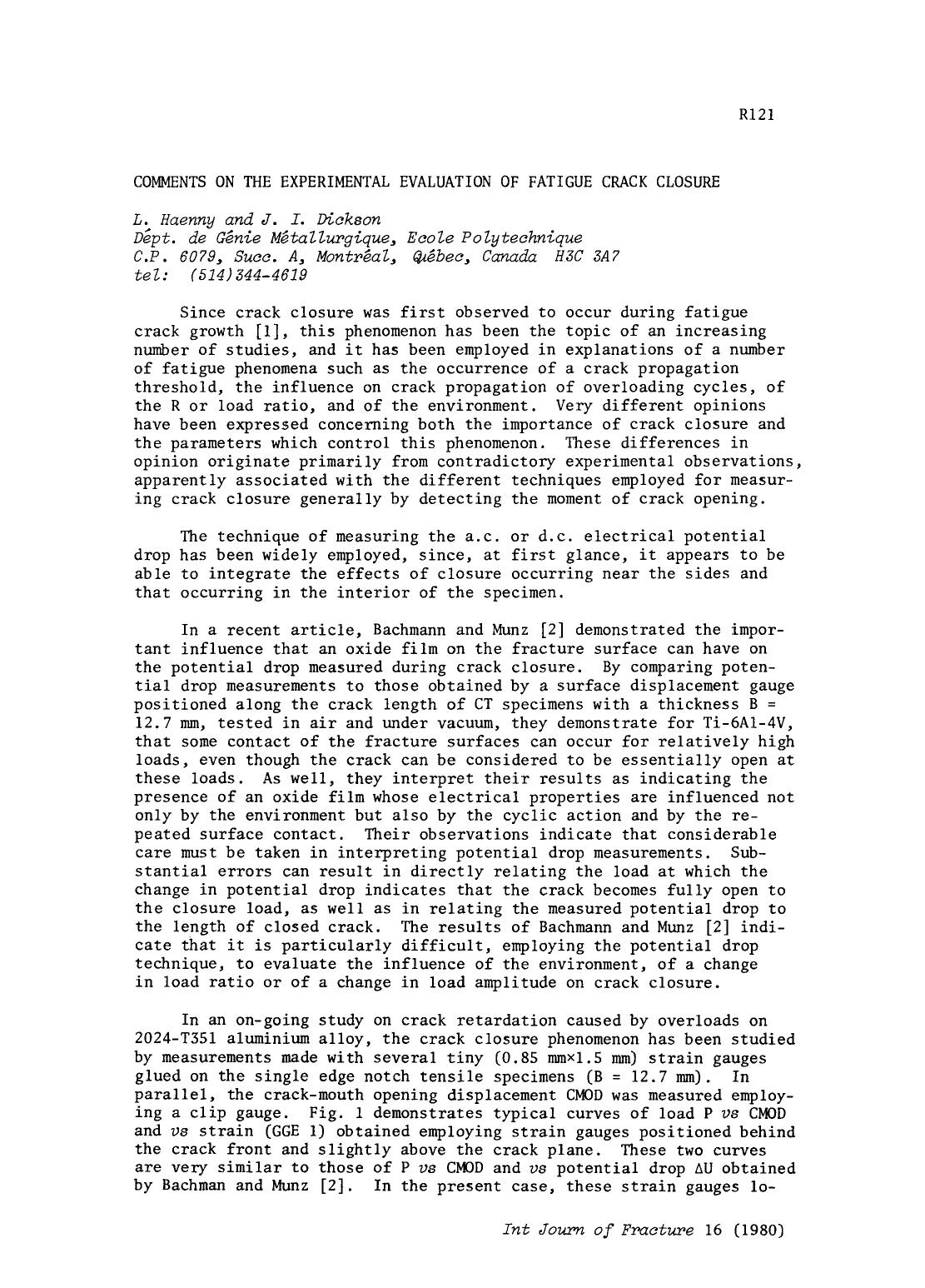 Comments on the experimental evaluation of fatigue crack closure by Unknown
