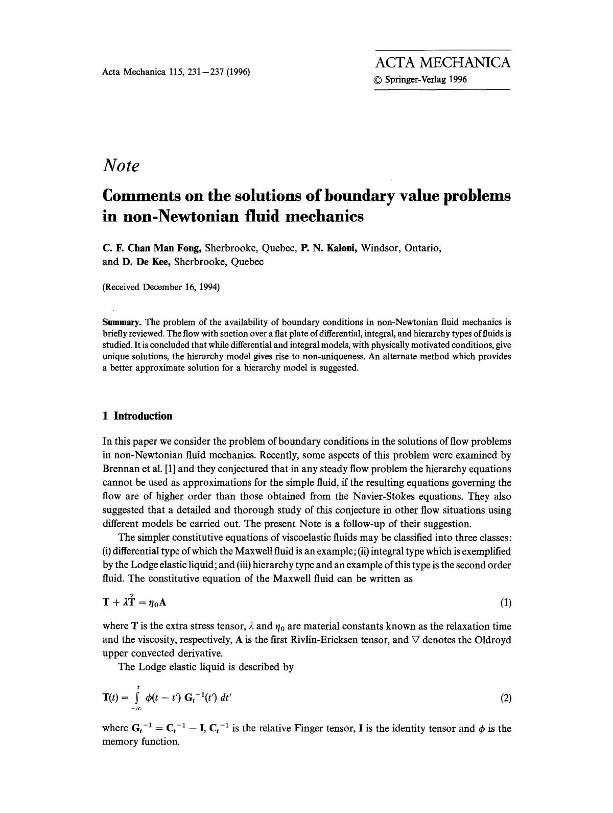Comments on the solutions of boundary value problems in non-Newtonian fluid mechanics by Unknown