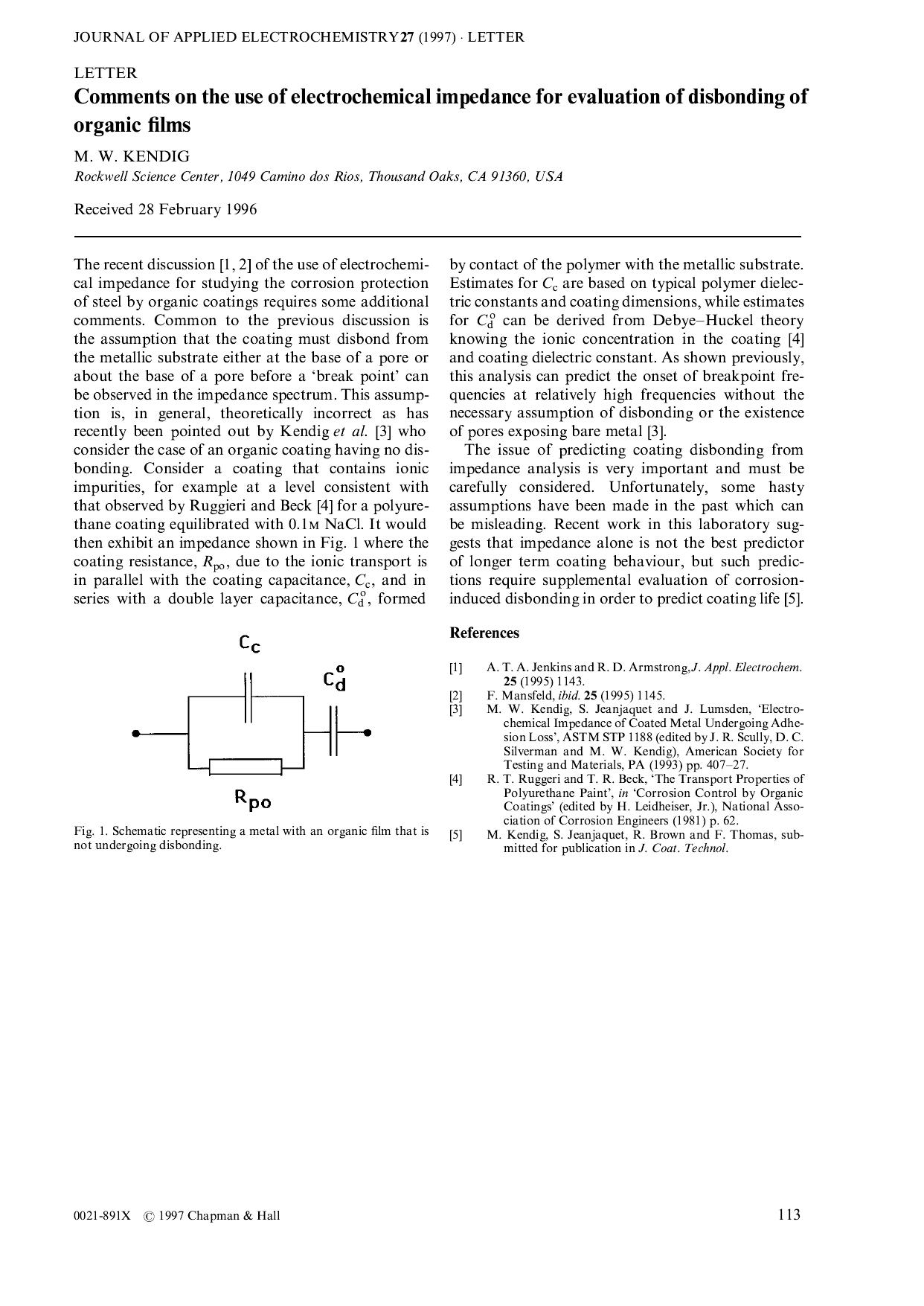 Comments on the use of electrochemical impedance for evaluation of disbonding of organic films by Unknown
