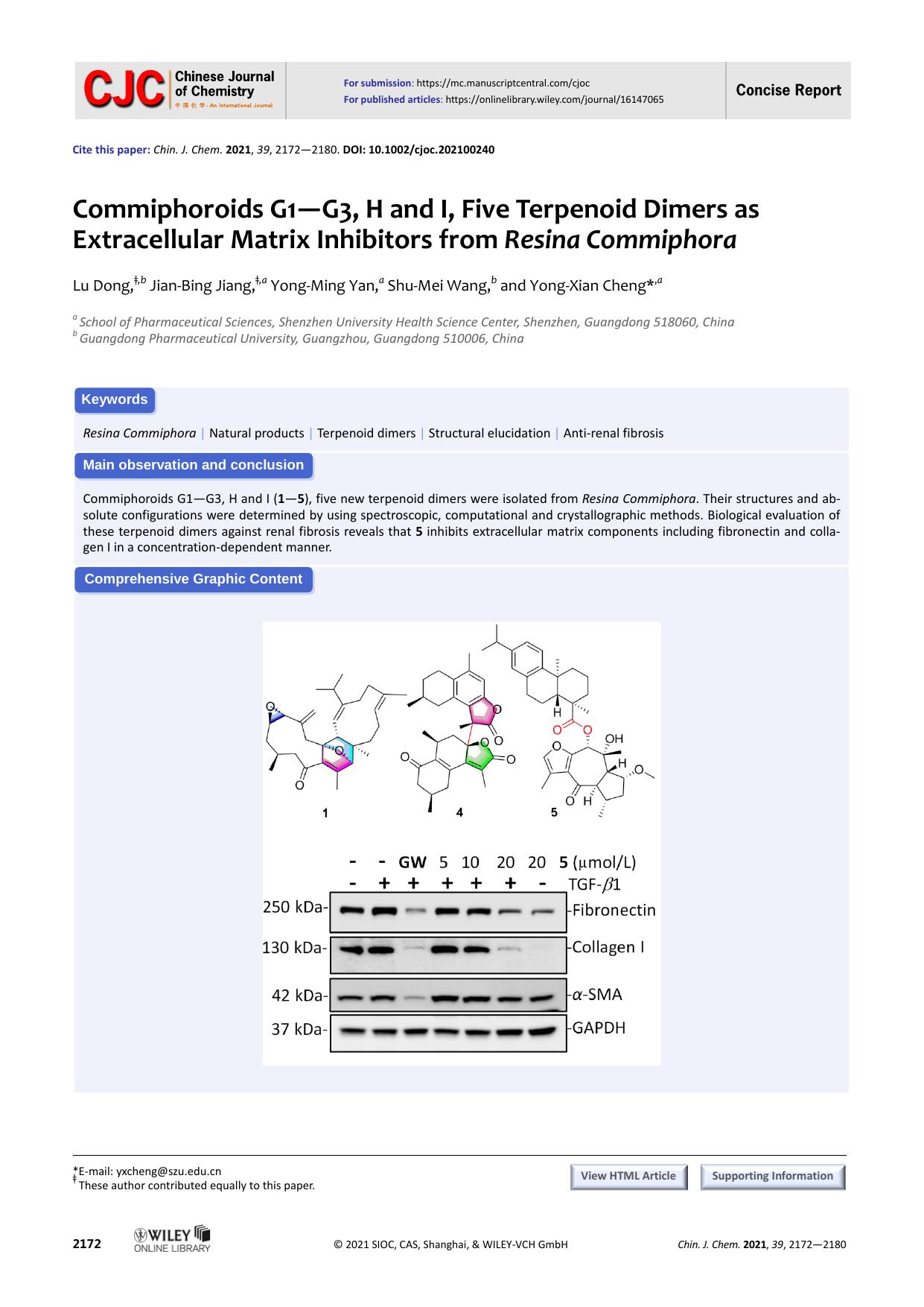 Commiphoroids G1-G3, H and I, Five Terpenoid Dimers as Extracel-lular Matrix Inhibitors from Resina Commiphora by grh