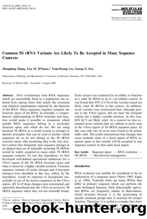 Common 5S rRNA Variants Are Likely To Be Accepted in Many Sequence Contexts by Zhengdong Z. et al.
