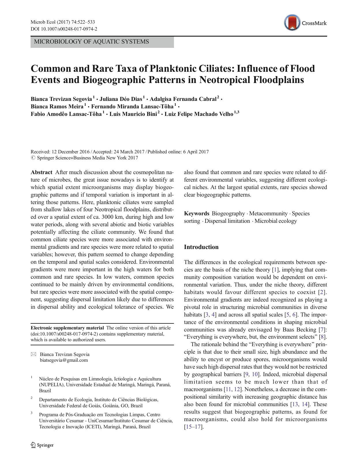Common and Rare Taxa of Planktonic Ciliates: Influence of Flood Events and Biogeographic Patterns in Neotropical Floodplains by unknow
