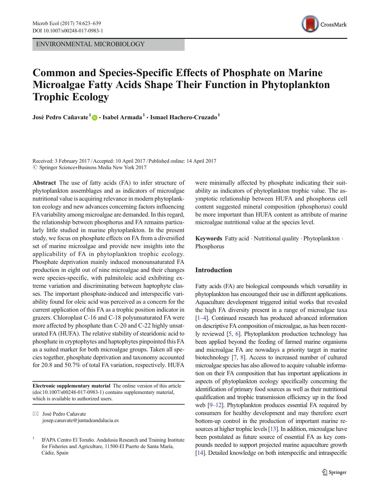 Common and Species-Specific Effects of Phosphate on Marine Microalgae Fatty Acids Shape Their Function in Phytoplankton Trophic Ecology by José Pedro Cañavate & Isabel Armada & Ismael Hachero-Cruzado