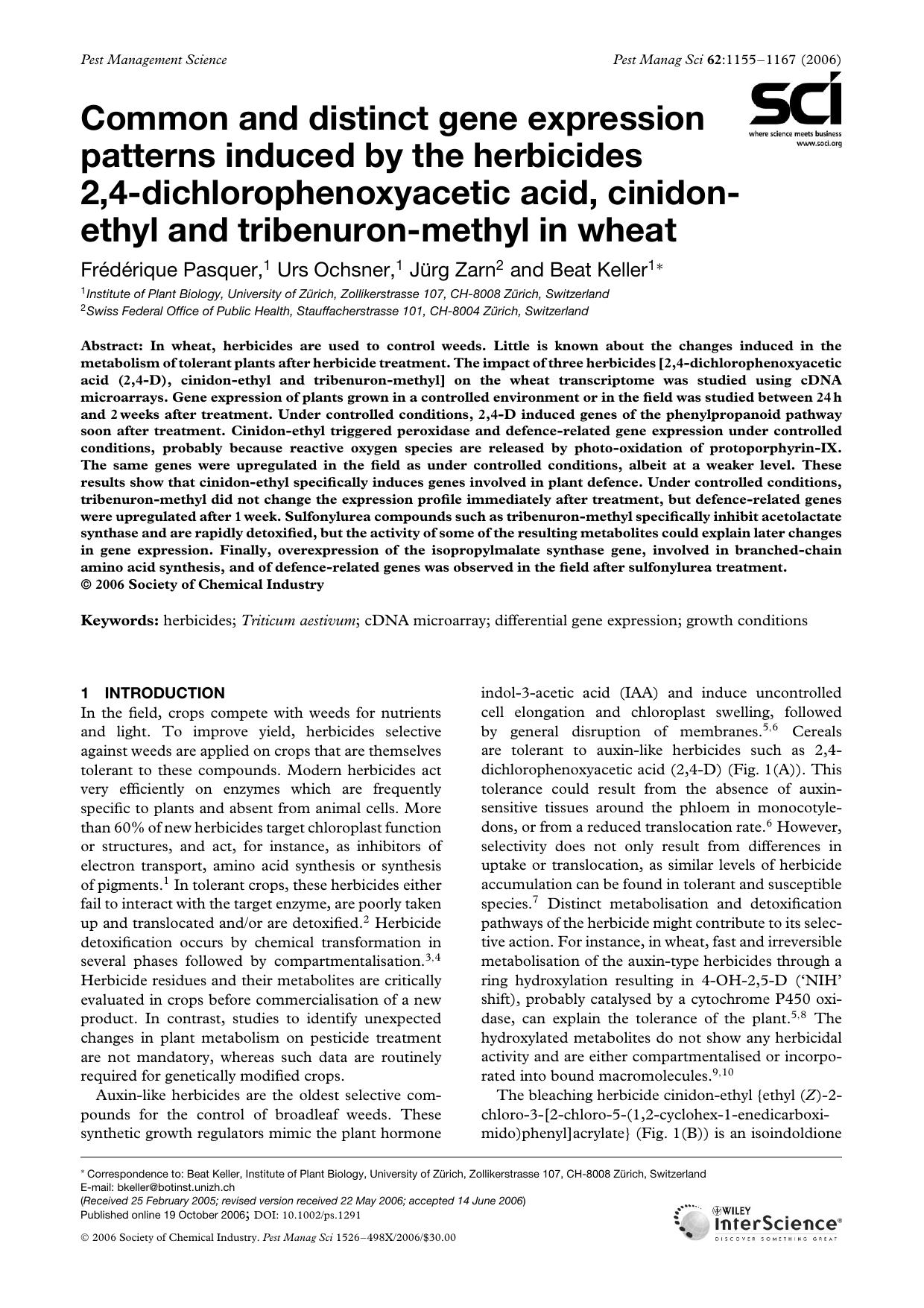 Common and distinct gene expression patterns induced by the herbicides 2,4-dichlorophenoxyacetic acid, cinidon-ethyl and tribenuron-methyl in wheat by Unknown
