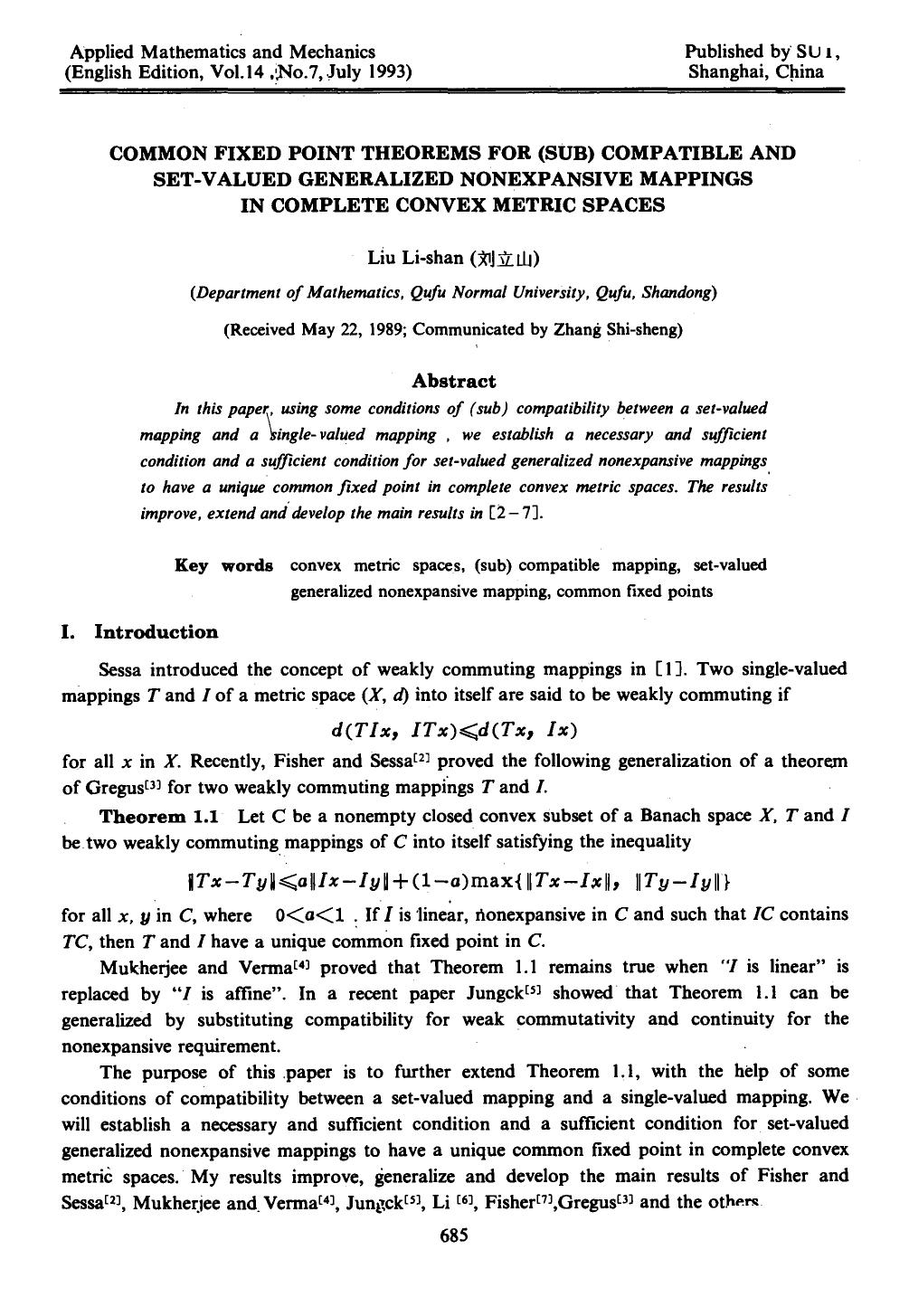 Common fixed point theorems for (sub) compatible and set-valued generalized nonexpansive mappings in complete convex metric spaces by Unknown