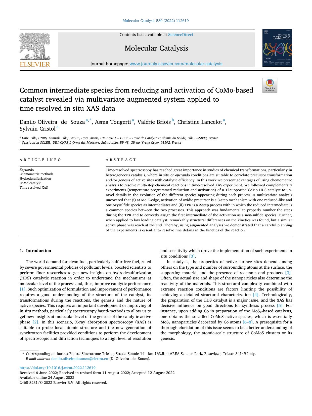 Common intermediate species from reducing and activation of CoMo-based catalyst revealed via multivariate augmented system applied to time-resolved in situ XAS data by unknow