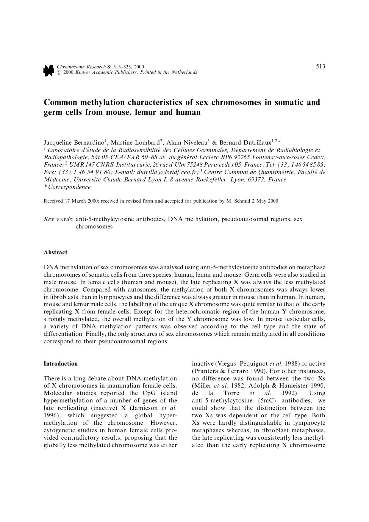Common methylation characteristics of sex chromosomes in somatic and germ cells from mouse, lemur and human by Unknown