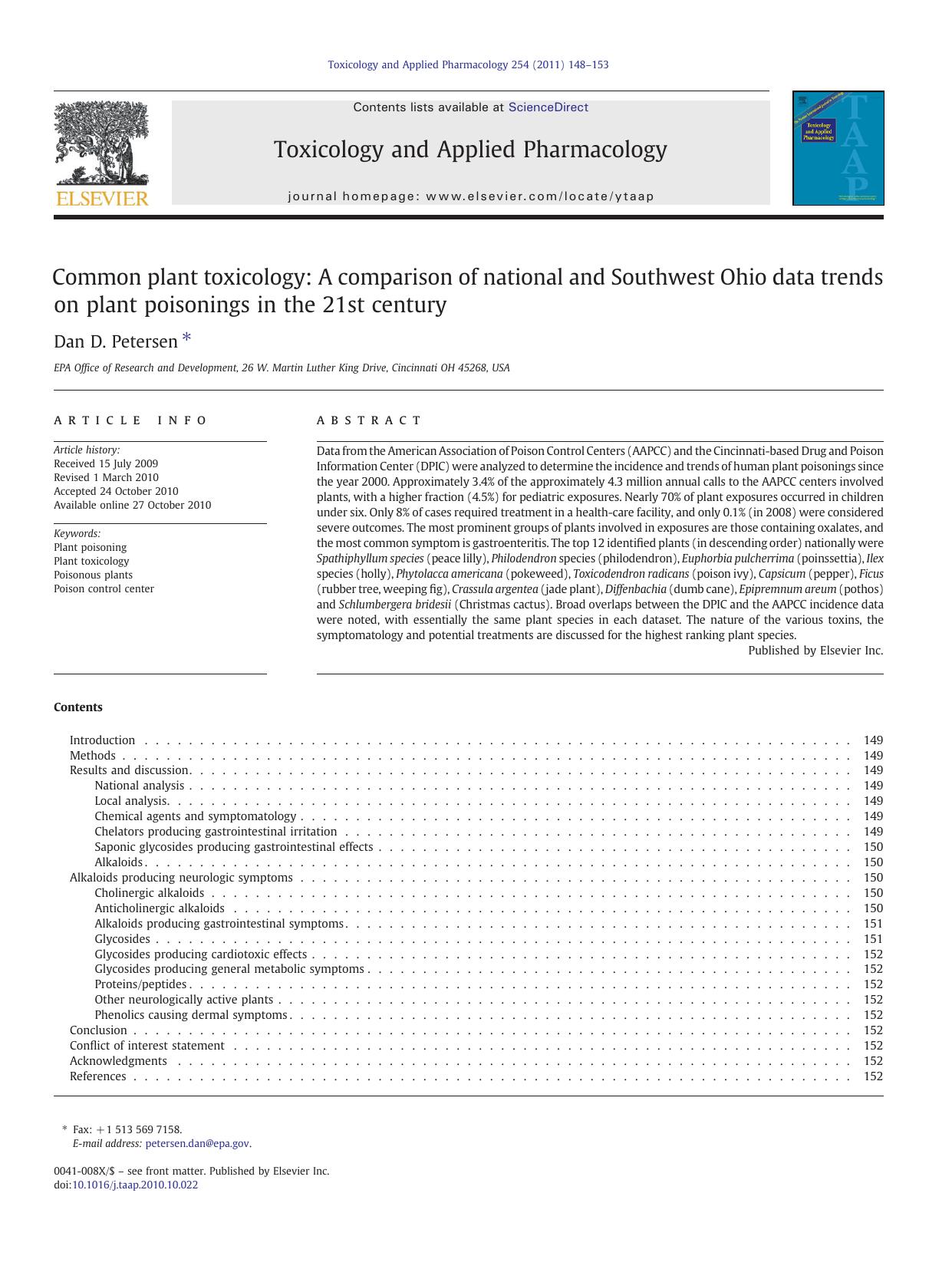 Common plant toxicology: A comparison of national and Southwest Ohio data trends on plant poisonings in the 21st century by Dan D. Petersen