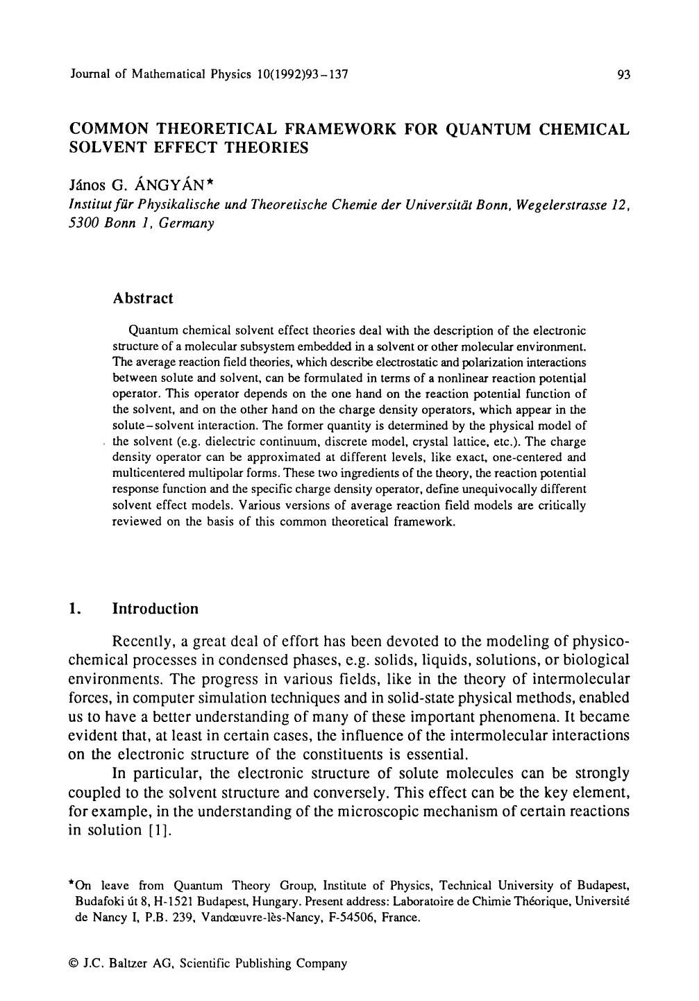 Common theoretical framework for quantum chemical solvent effect theories by Unknown