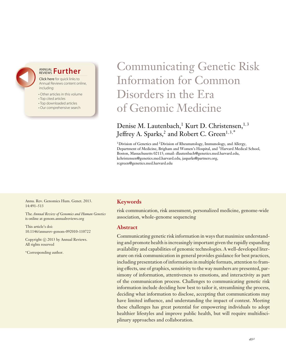 Communicating Genetic Risk Information for Common Disorders in the Era of Genomic Medicine by Denise M. Lautenbach Kurt D. Christensen Jeffrey A. Sparks Robert C. Green