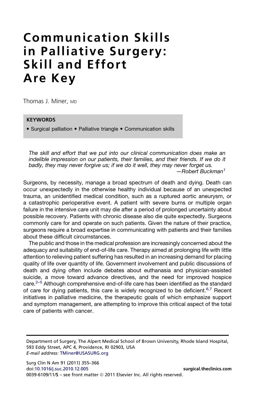 Communication Skills in Palliative Surgery: Skill and Effort Are Key by Thomas J. Miner MD
