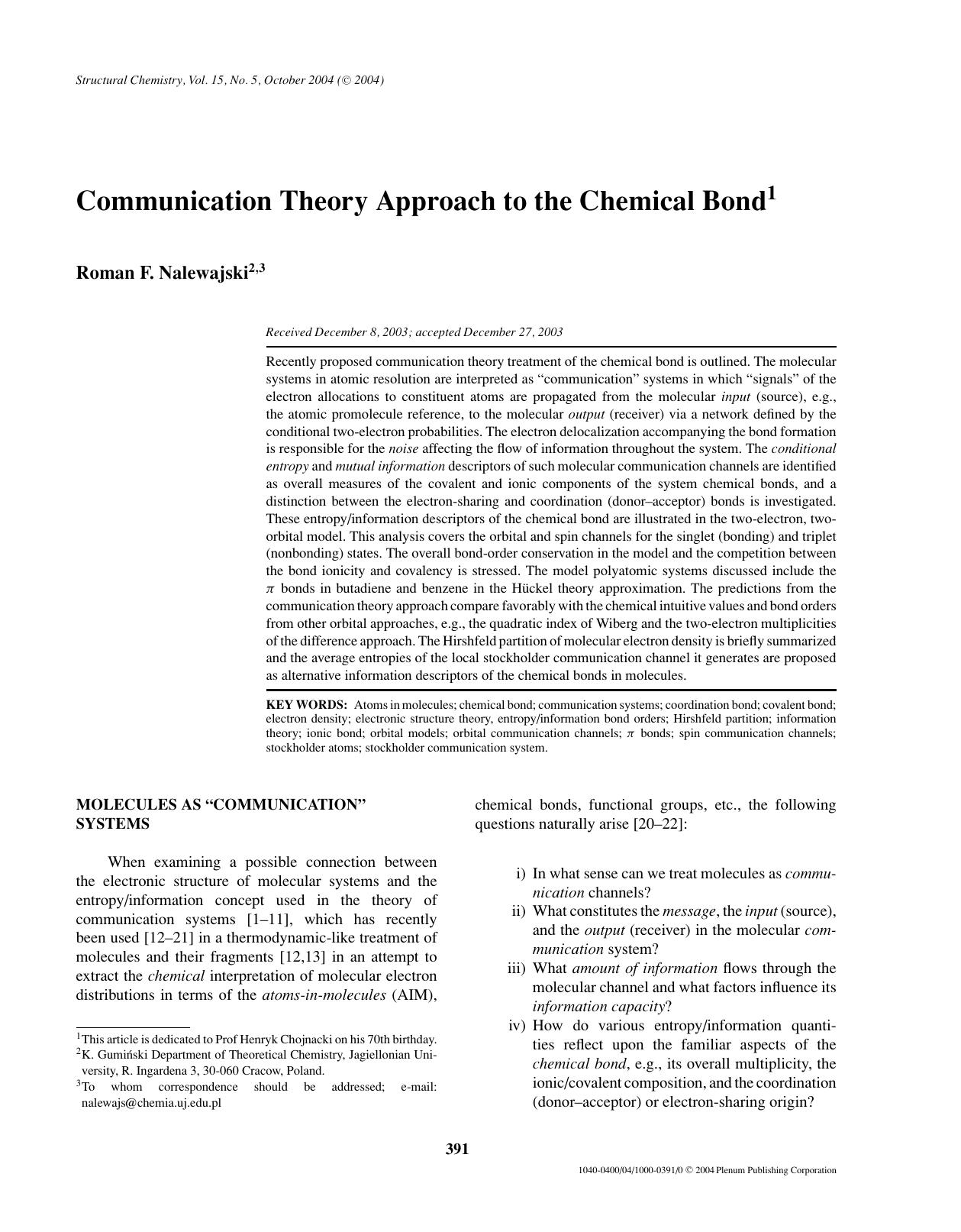 Communication Theory Approach to the Chemical Bond by Unknown
