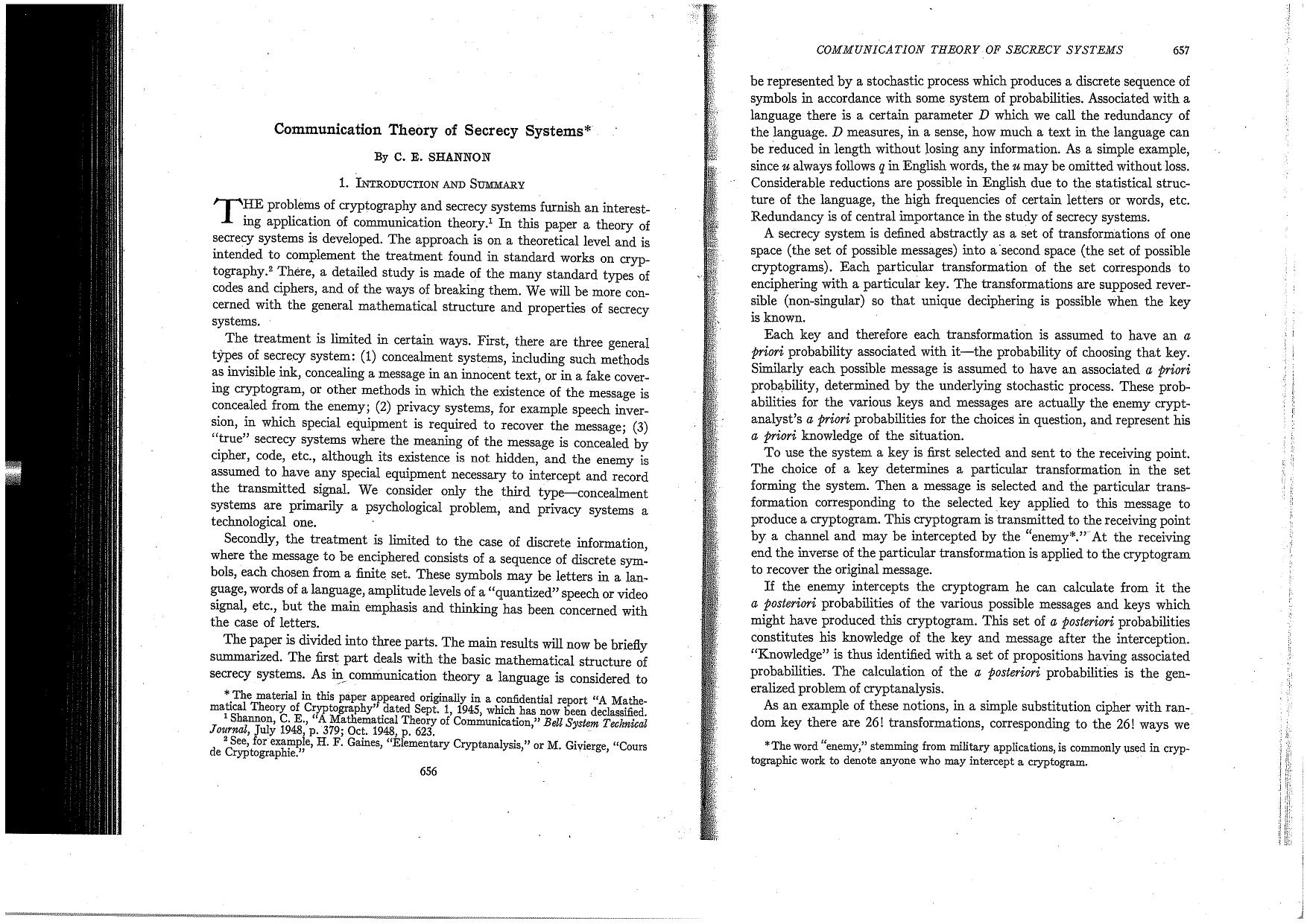 Communication Theory of Secrecy Systems by Unknown