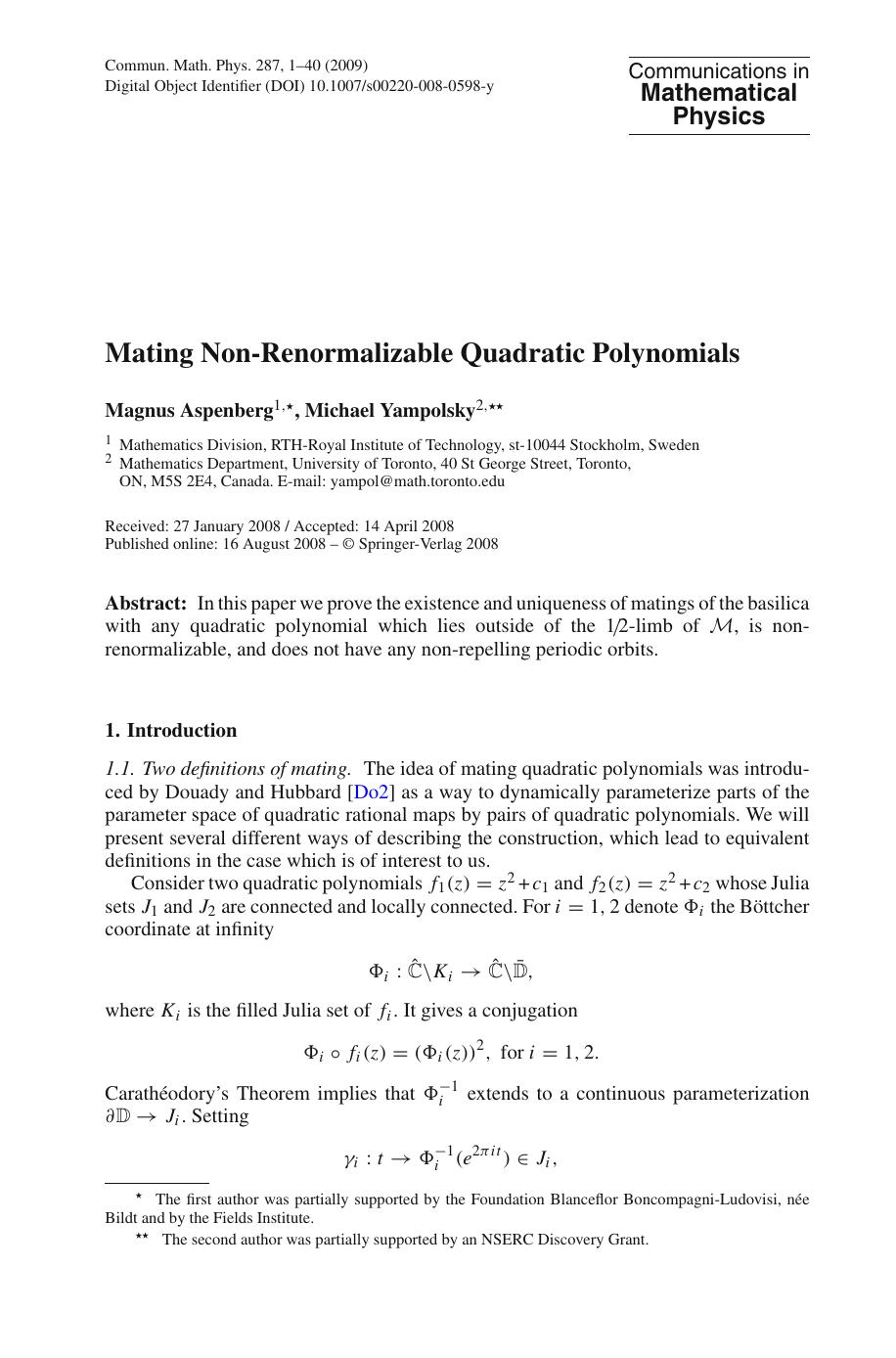 Communications In Mathematical Physics - Volume 287 by M. Aizenman (Chief Editor)