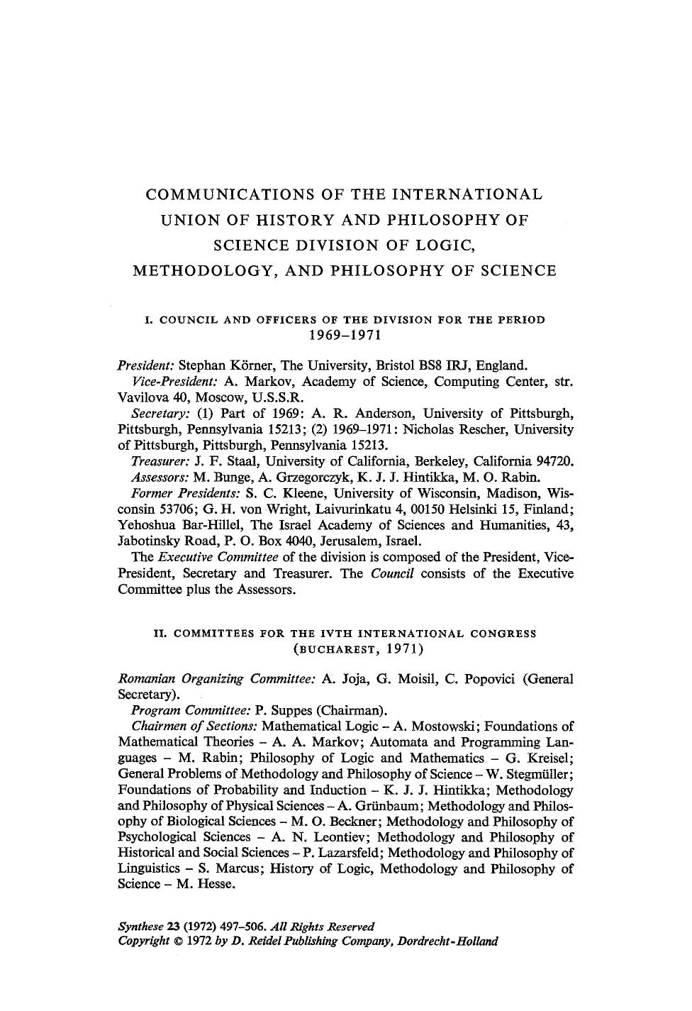 Communications of the international union of history and philosophy of science division of logic, methodology, and philosophy of science by Unknown