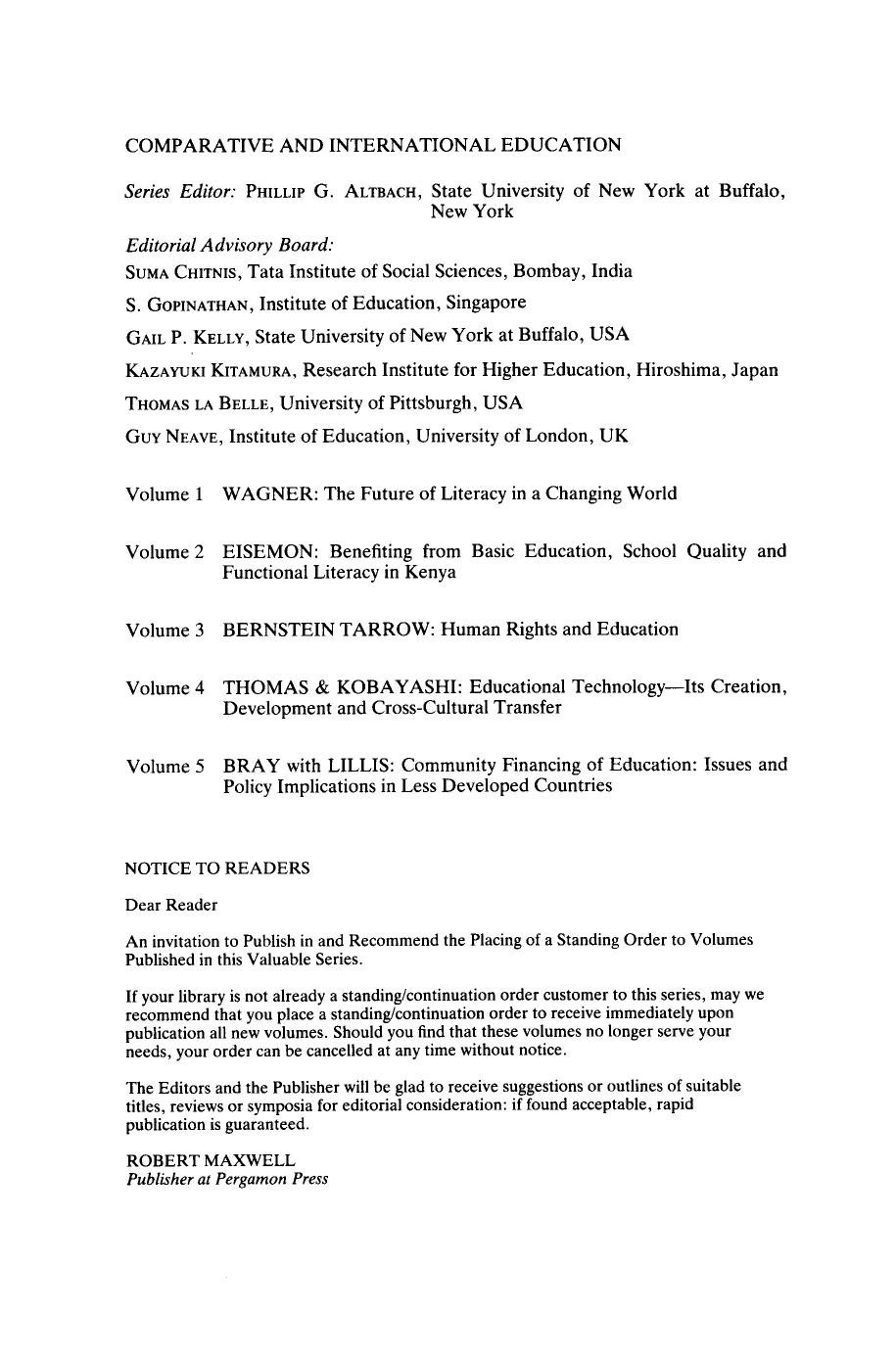 Community Financing of Education. Issues and Policy Implications in Less Developed Countries by Mark Bray Kevin Lillis